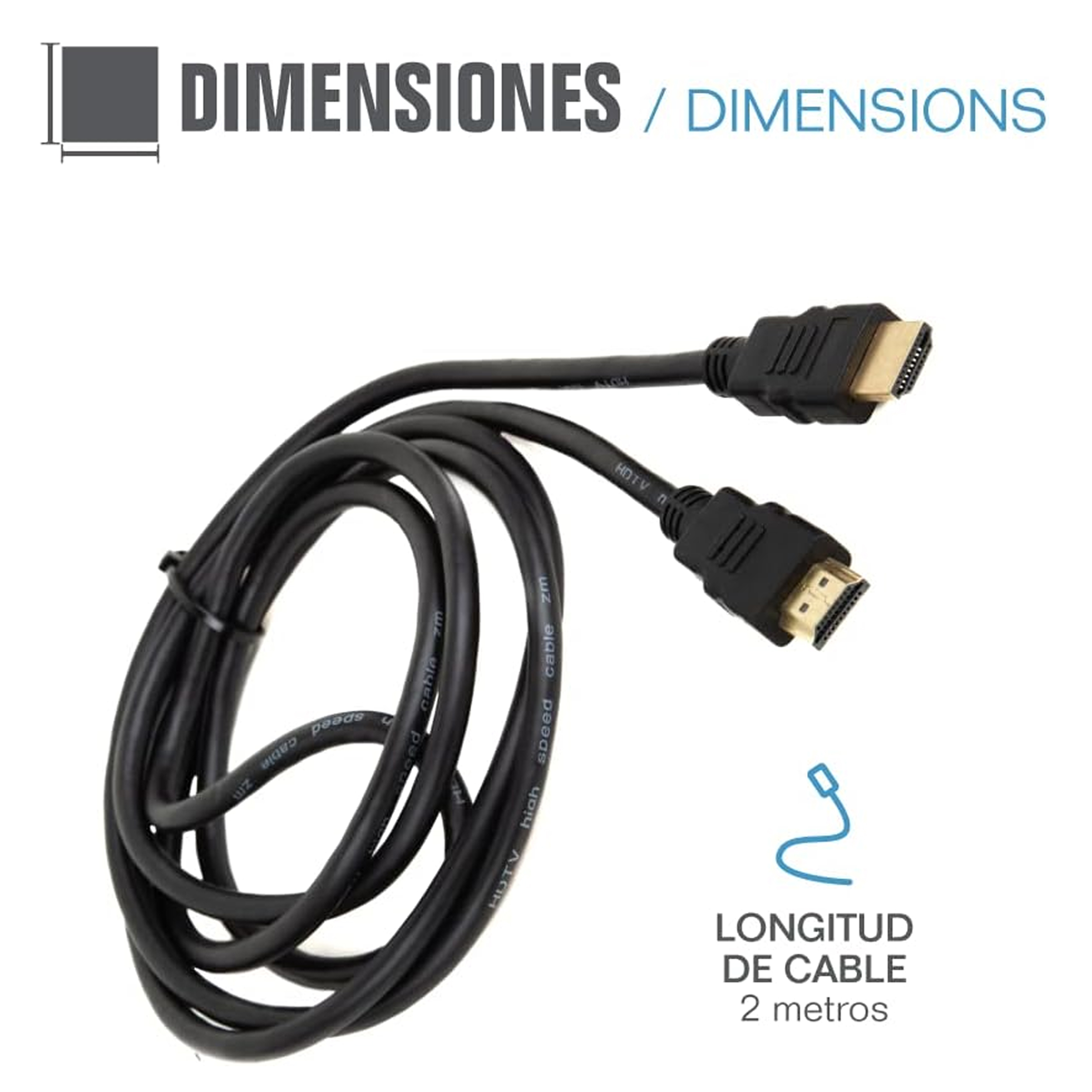 Cable HDMI negro con conectores dorados, enrollado sobre fondo blanco. Texto: Longitud del cable: 2 metros.