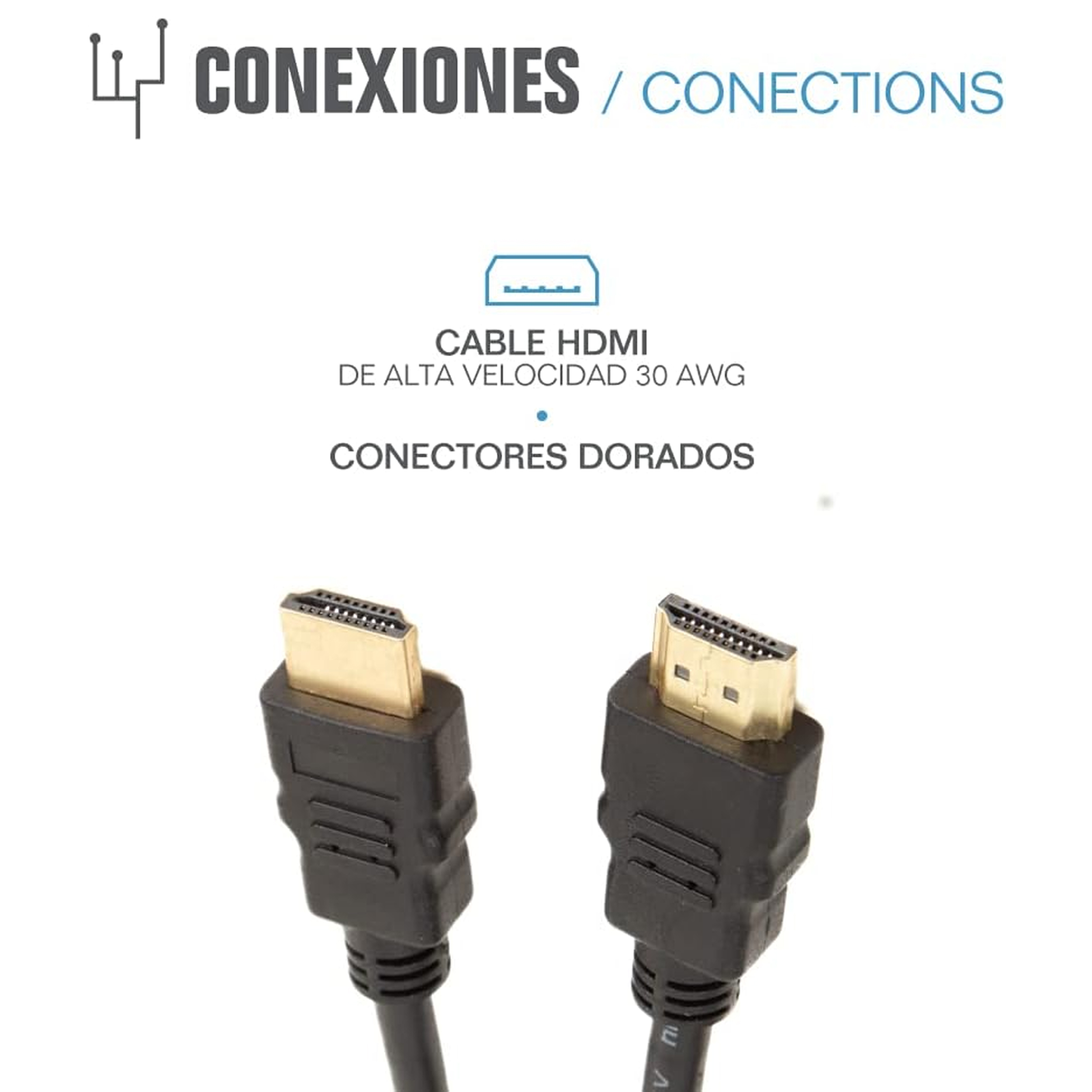 Dos conectores HDMI negros con pines dorados. Texto: Cable HDMI, alta velocidad, conectores dorados.
