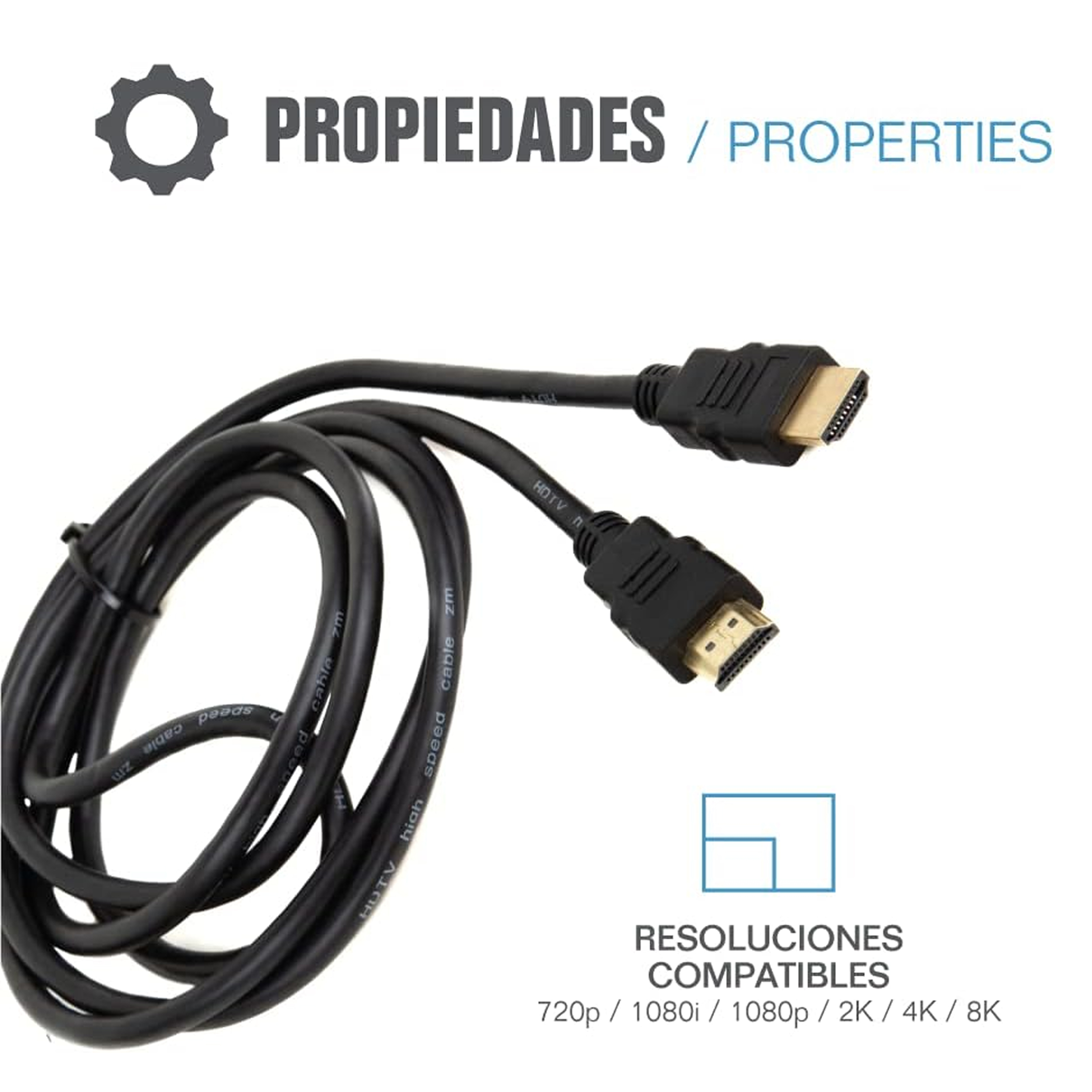 Cable HDMI negro enrollado con conectores dorados sobre fondo blanco, texto sobre resoluciones.
