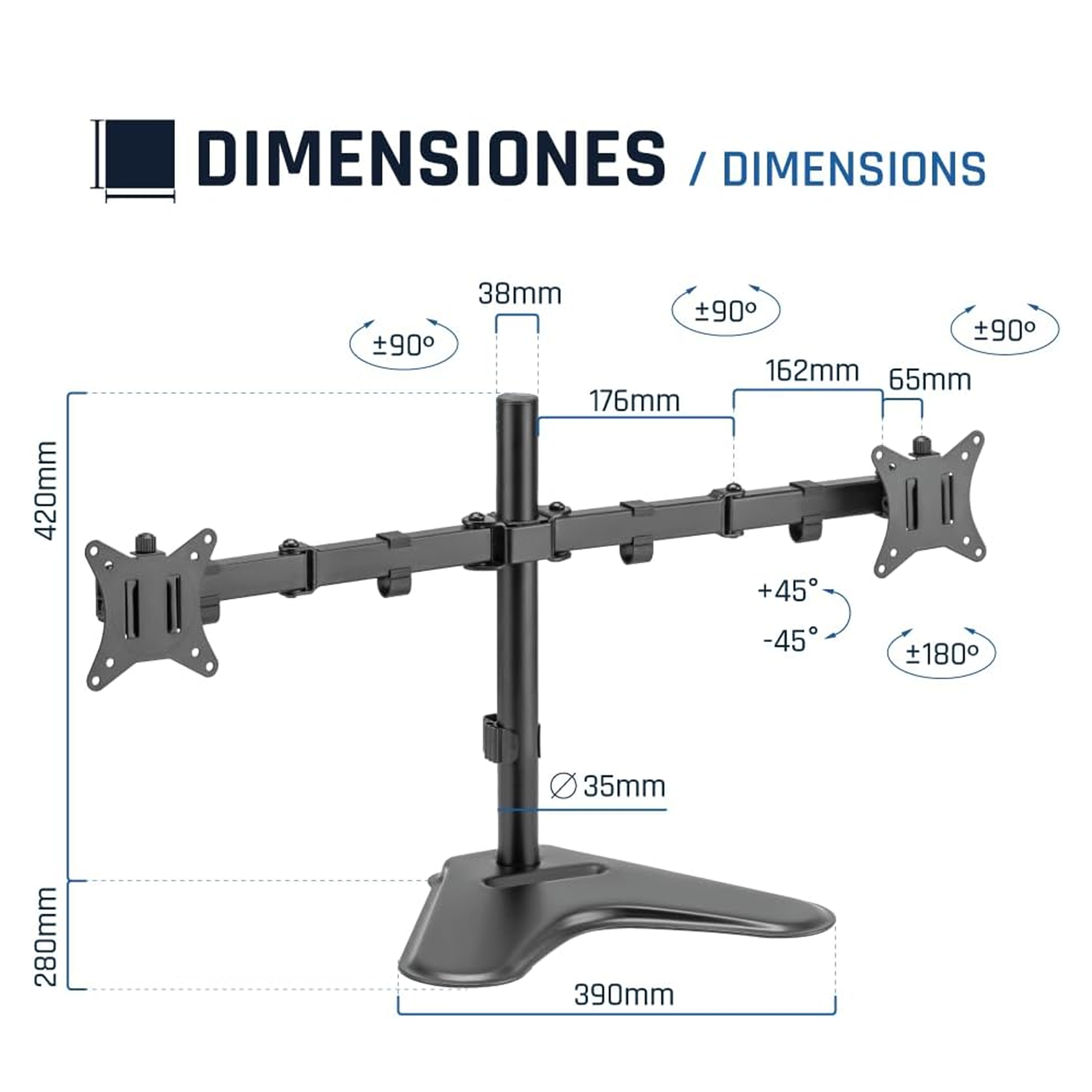 Soporte negro para monitor con medidas. Dos brazos sujetan pantallas. La base es negra.