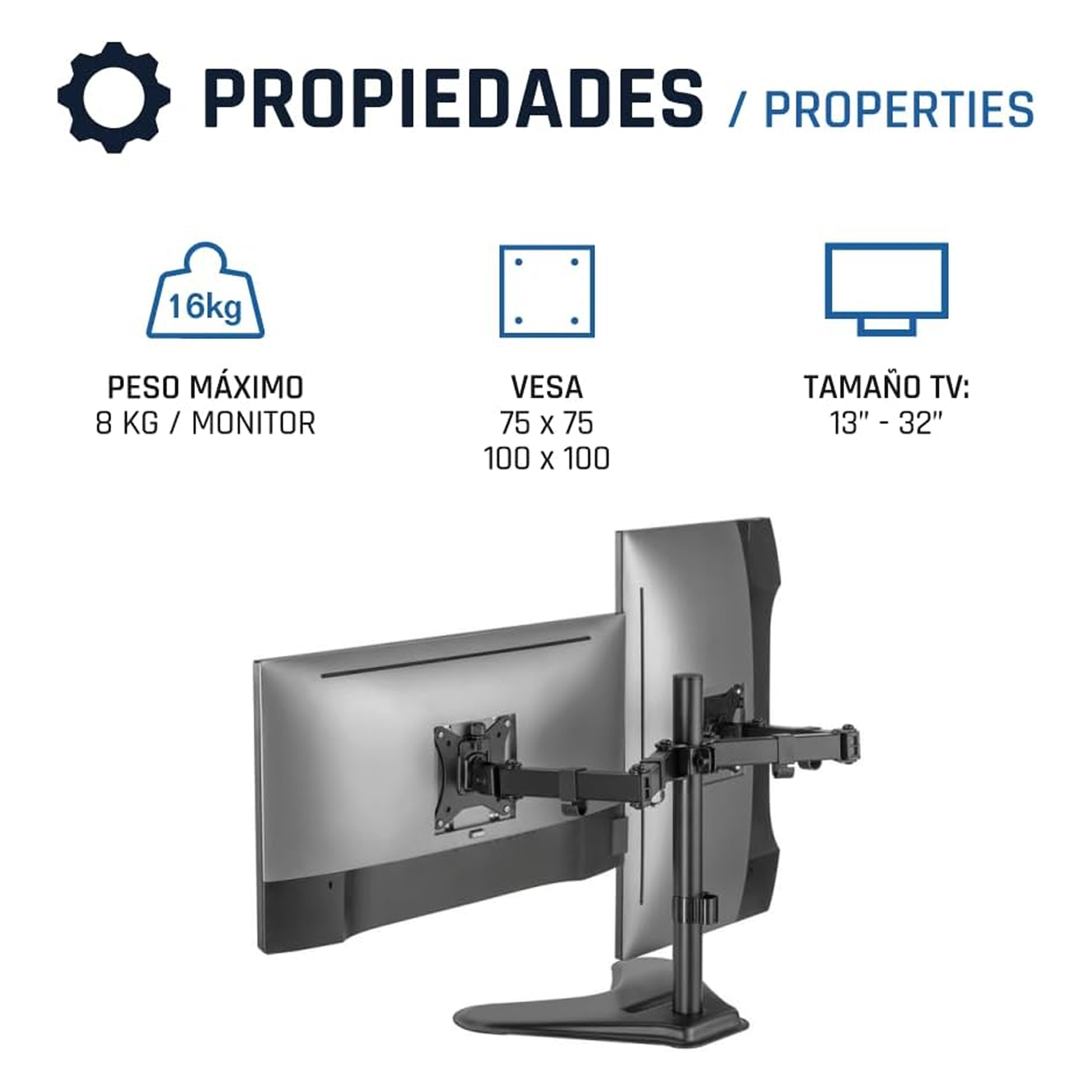 Soporte de monitor con un monitor. El soporte es negro y sostiene una pantalla. Se muestran las propiedades.