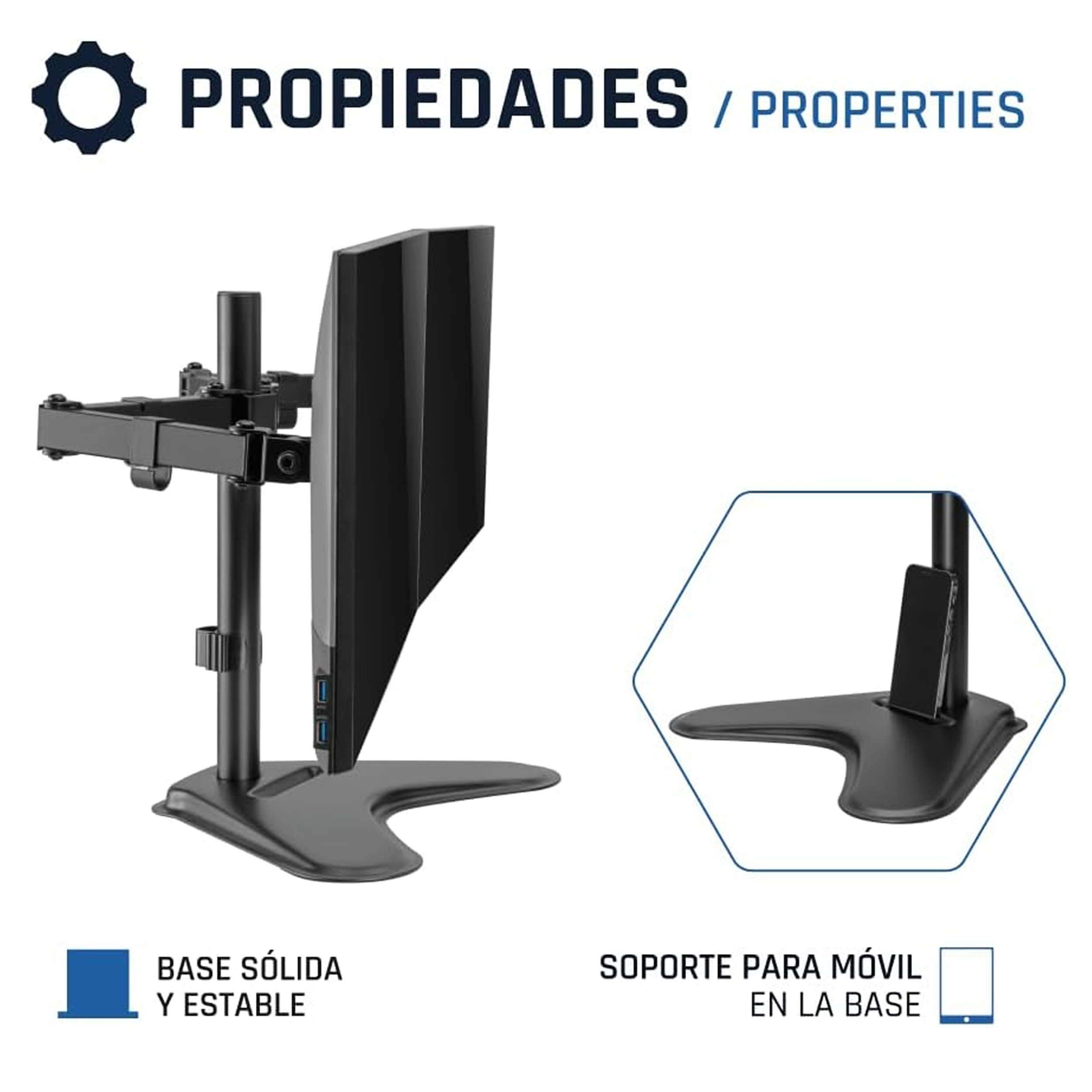 Un soporte negro para monitor con base curva. El texto dice: 'BASE SÓLIDA Y ESTABLE' y 'SOPORTE PARA MÓVIL EN LA BASE'.