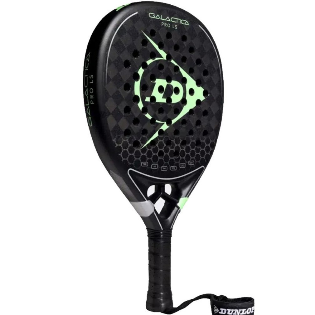 Racchetta nera con dettagli verdi. Logo GALACTICA PRO LS, con il logo Dunlop.