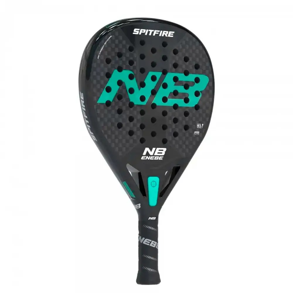 Racchetta nera con dettagli verdi. Testo NB ENEBE e SPITFIRE.