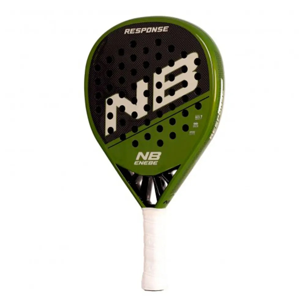 Racchetta verde e nera con manico bianco. Faccia nera con 'NB' e 'ENEBE'.