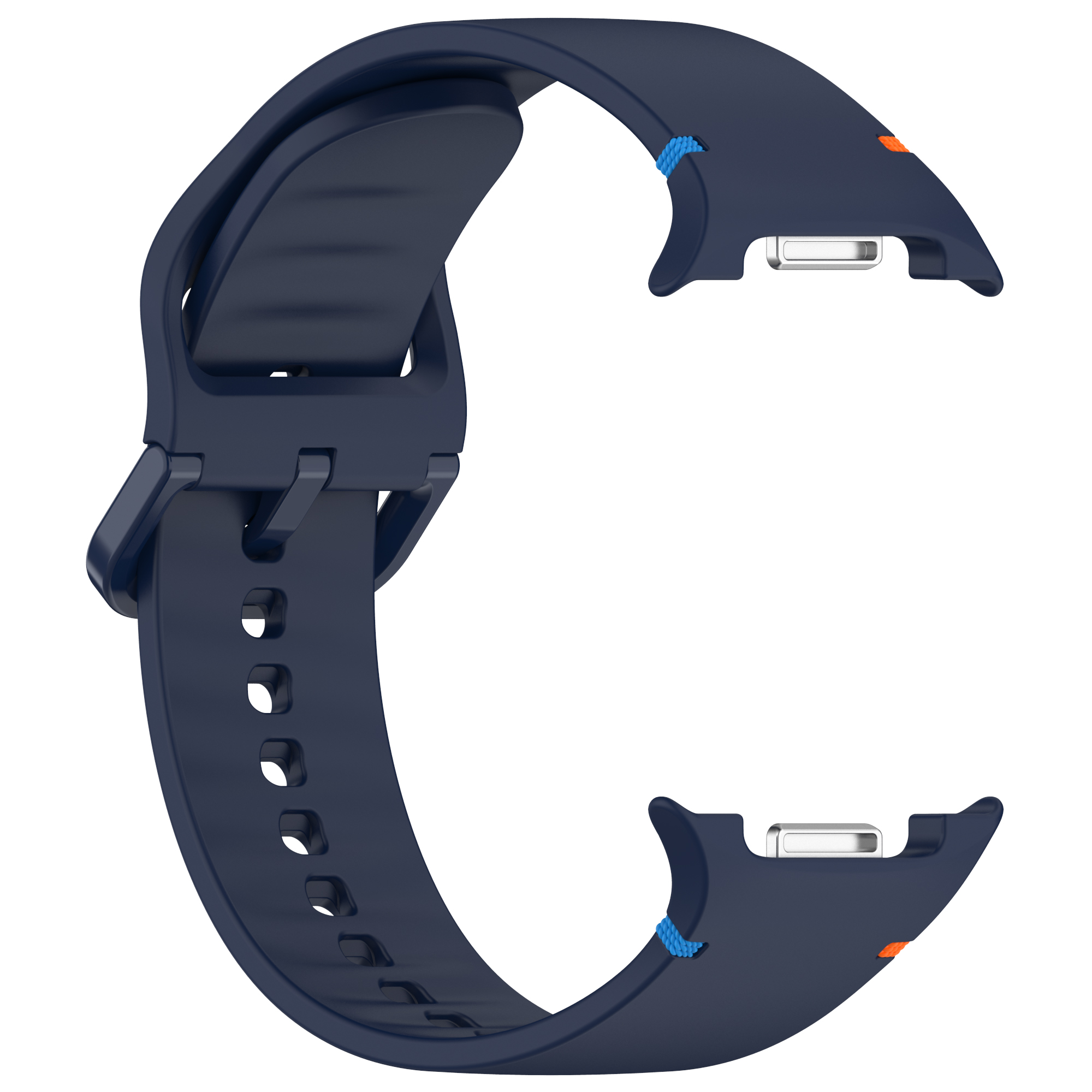 Dunkelblaues Uhrenarmband mit orangefarbenen und blauen Akzenten an den Verbindungspunkten und silbernen Verschlüssen.