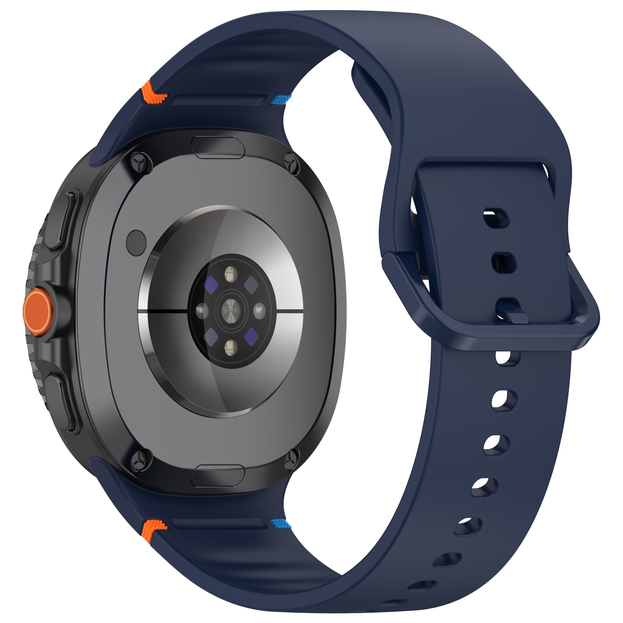 Rückseite einer Smartwatch mit dunkelgrauem Zentrum und dunkelblauem Armband. Die Uhr hat eine orangefarbene Taste.