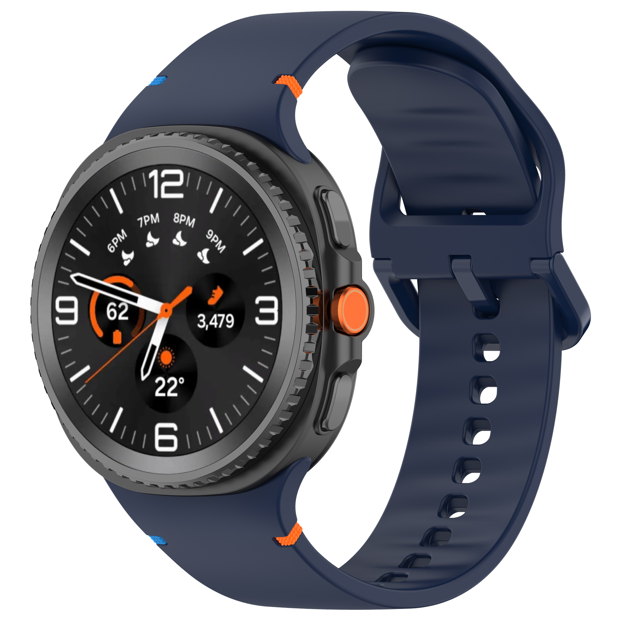 Smartwatch mit marineblauem Armband, schwarzem Gehäuse und orangefarbener Taste.