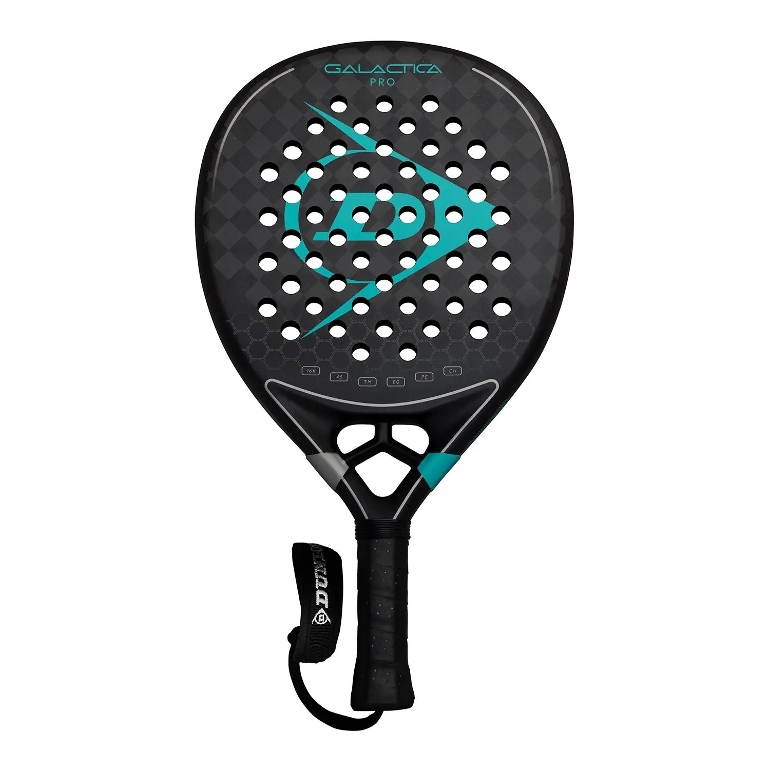Racchetta da padel nera con dettagli turchese e bianchi, logo turchese e cinturino nero.