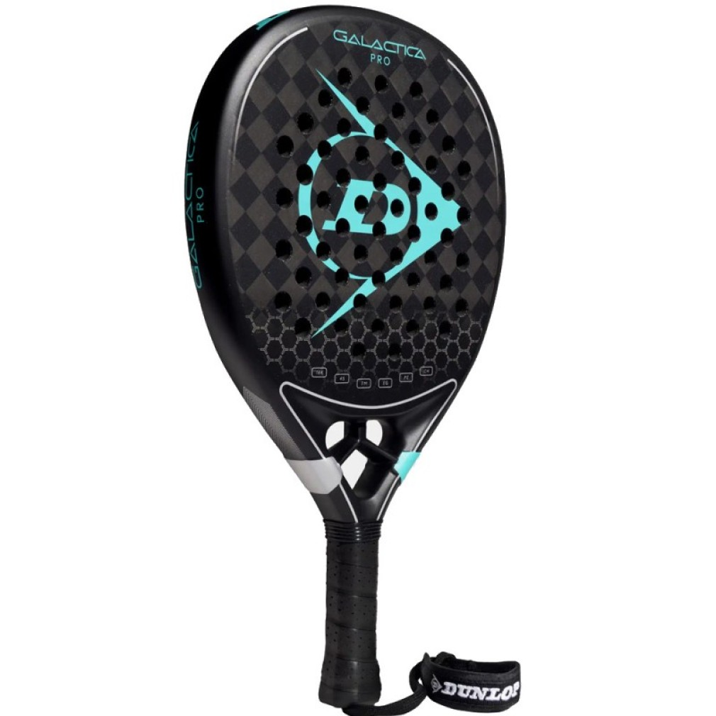 Racchetta nera con design nero e verde acqua. Impugnatura nera con cinturino da polso. 'GALACTICA PRO' e 'DUNLOP'.