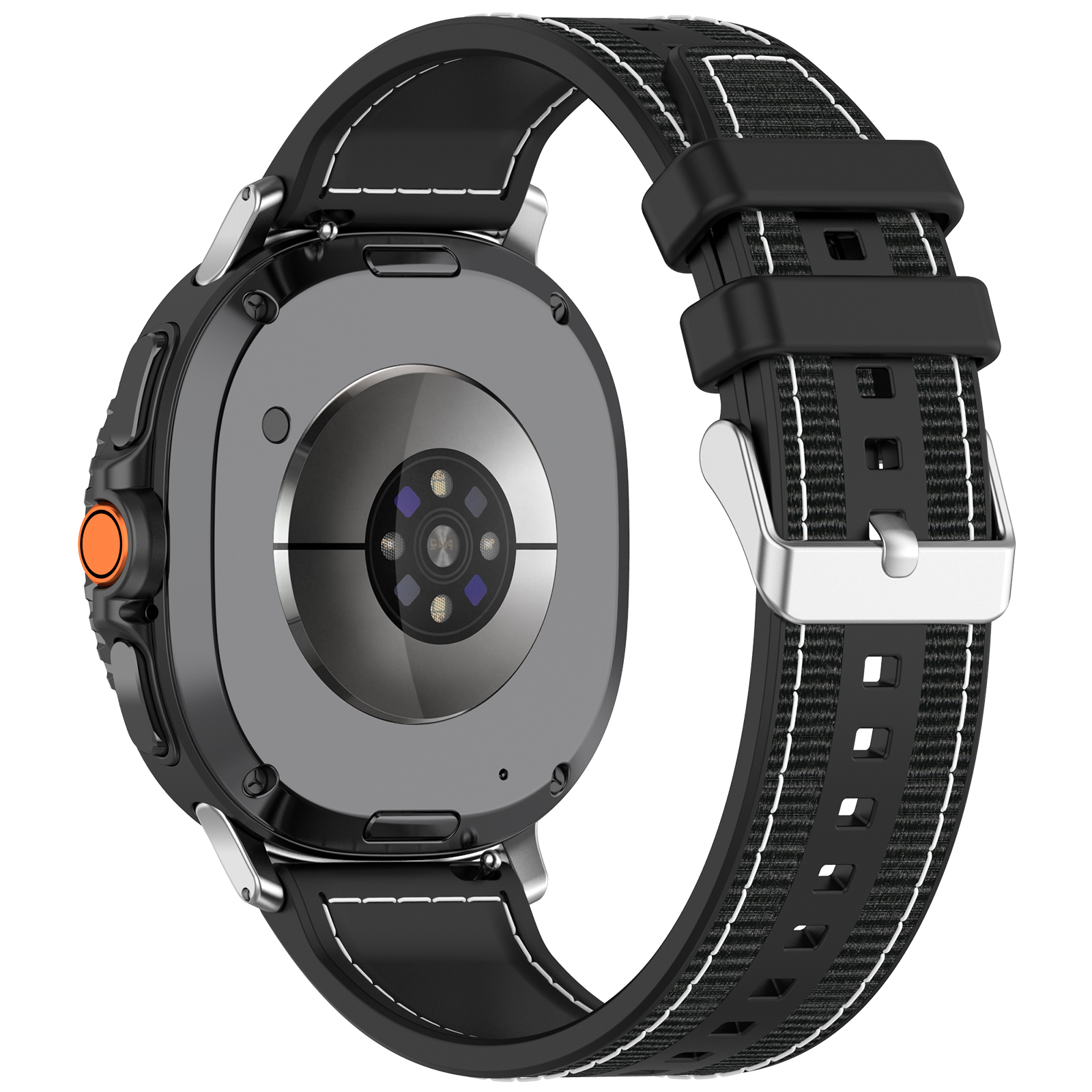 Schwarze Smartwatch mit schwarzem Armband, schwarzem Gehäuse und orangefarbener Taste.