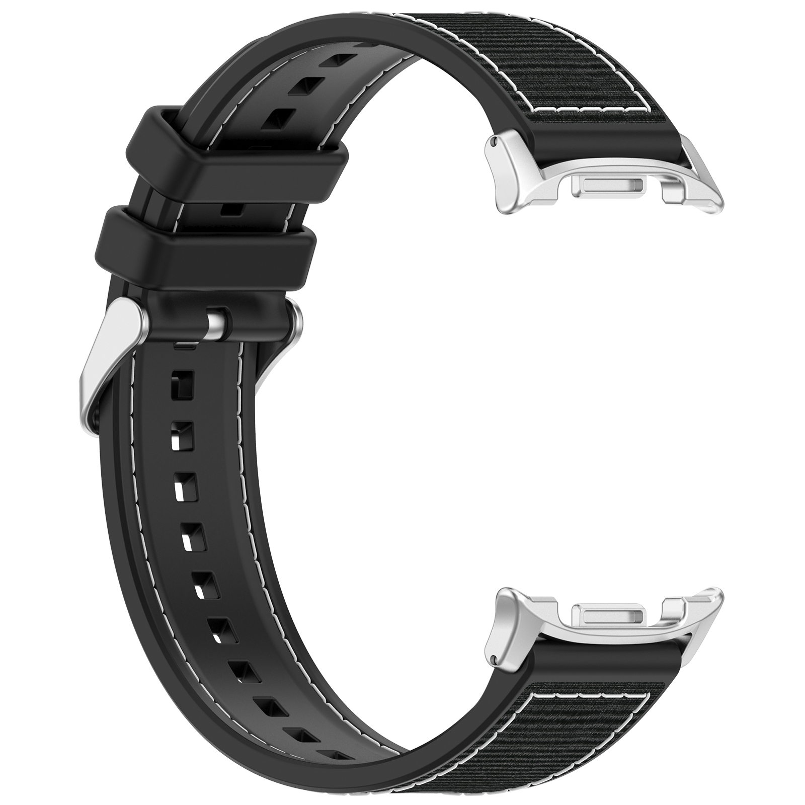 Ein schwarzes Uhrenarmband mit weißen Nähten und Metallenden.