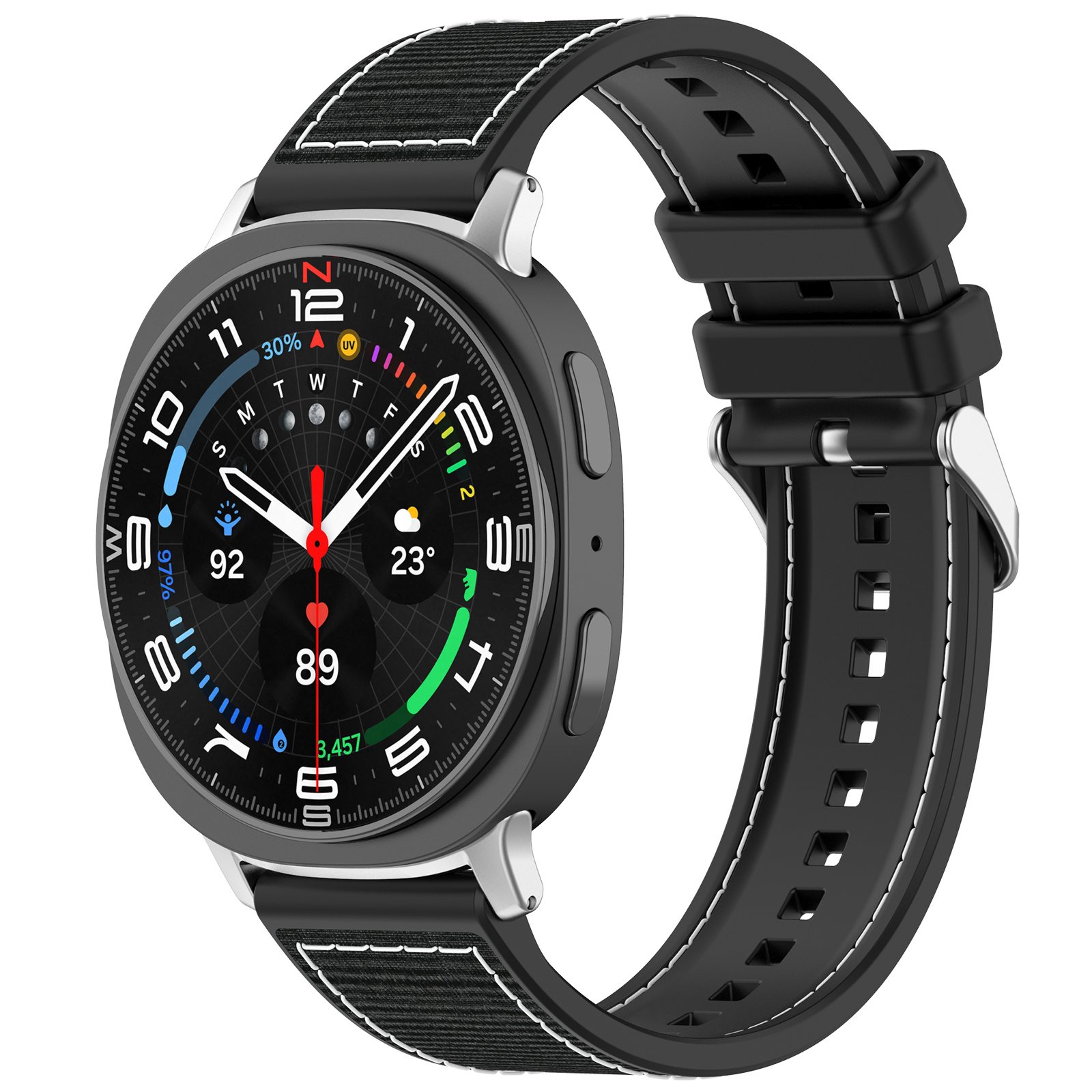 Schwarze Smartwatch mit einem schwarz-weißen Armband.