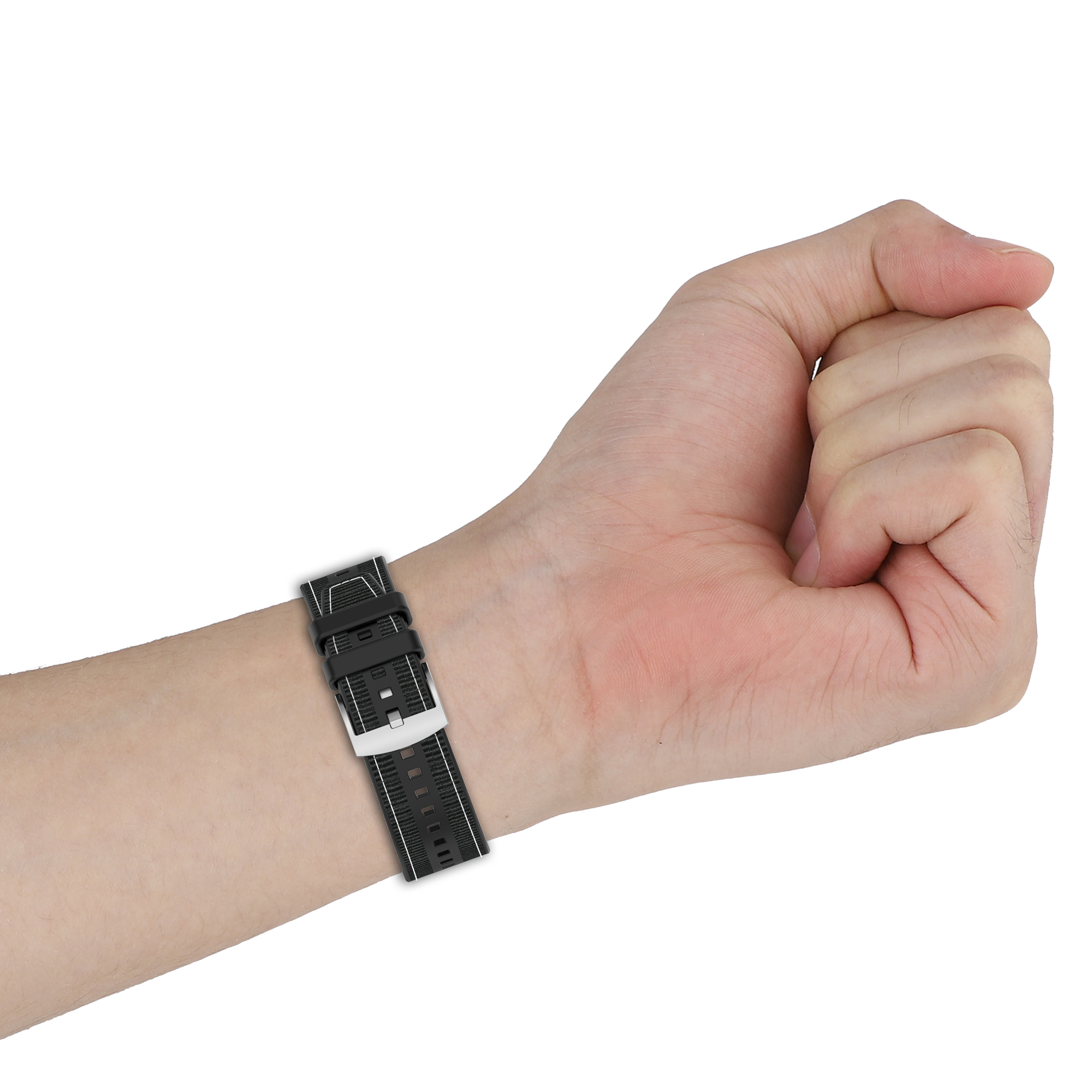 Die Hand einer Person, die ein schwarzes Uhrenarmband mit weißen Nähten und einer silbernen Schnalle trägt.