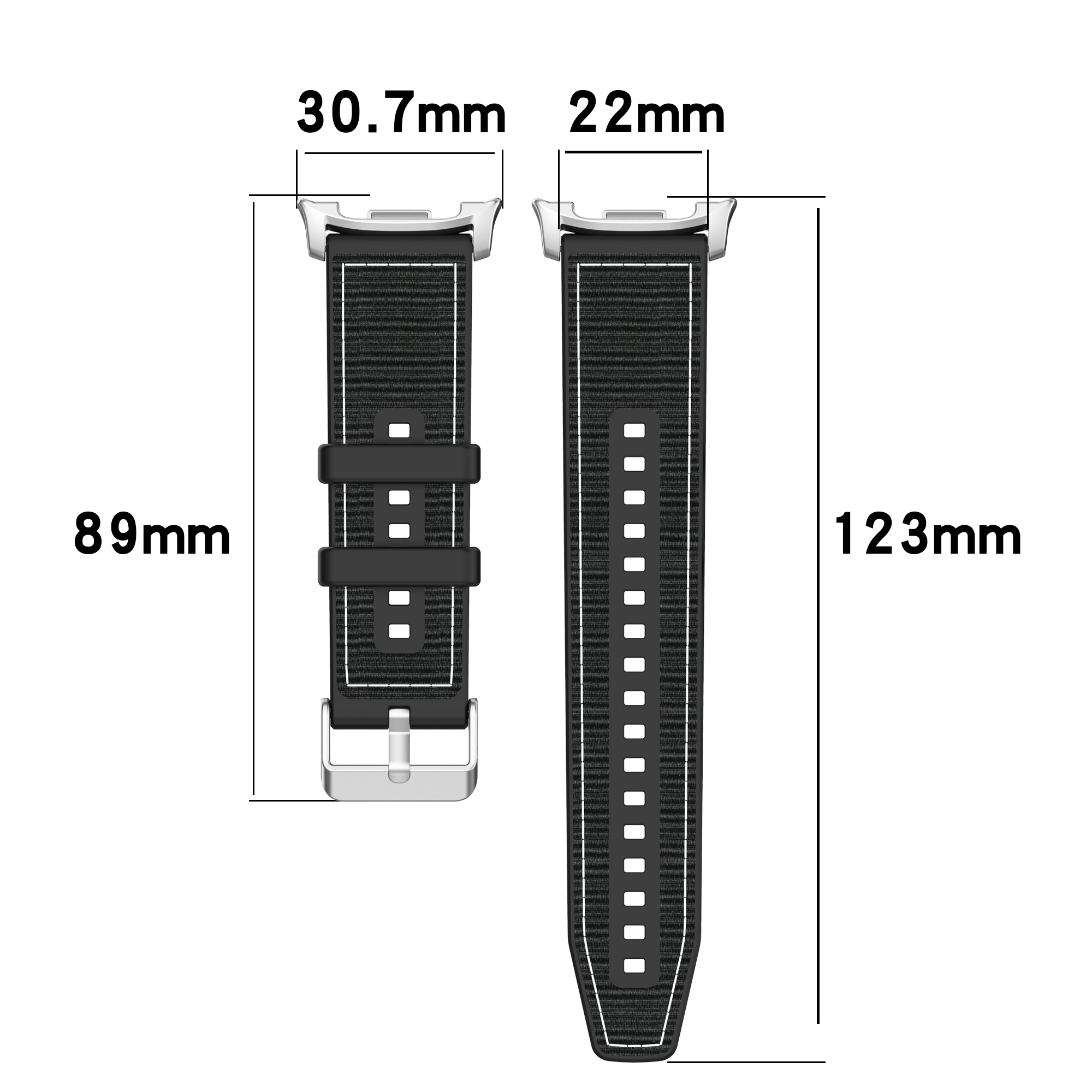 Schwarzes Uhrenarmband mit den Maßen: 89mm, 123mm, 30,7mm und 22mm.