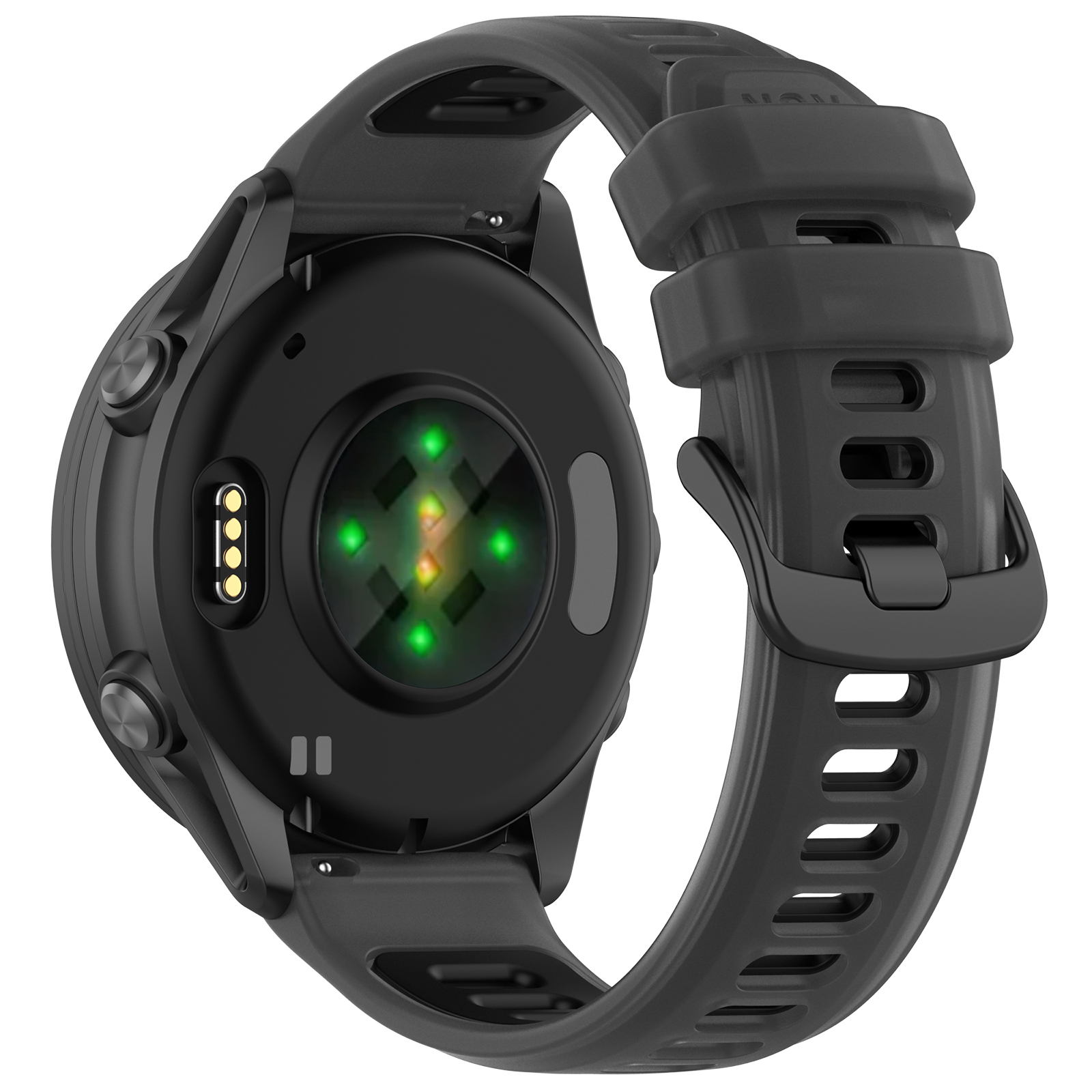 Il retro di uno smartwatch nero con cinturino nero, che mostra sensori e punti di ricarica.