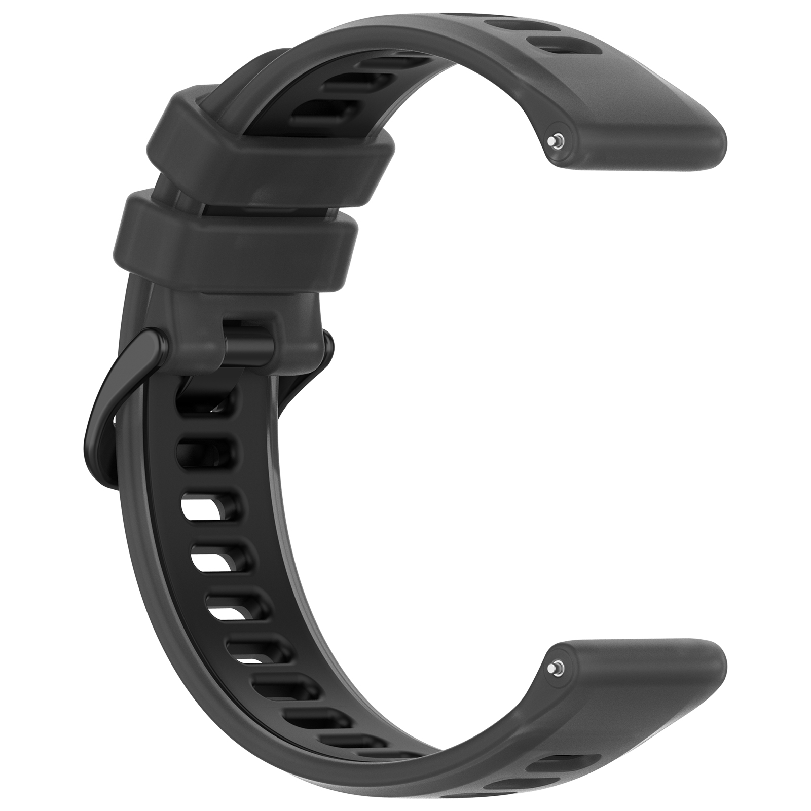 Un cinturino nero con fibbia e fori per la regolazione.