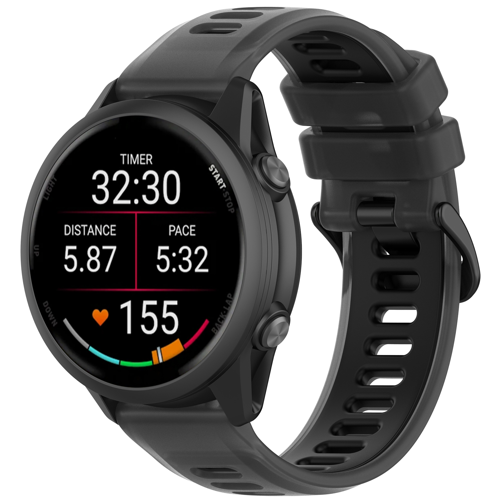 Orologio sportivo nero con timer, distanza, ritmo e dati sulla frequenza cardiaca.