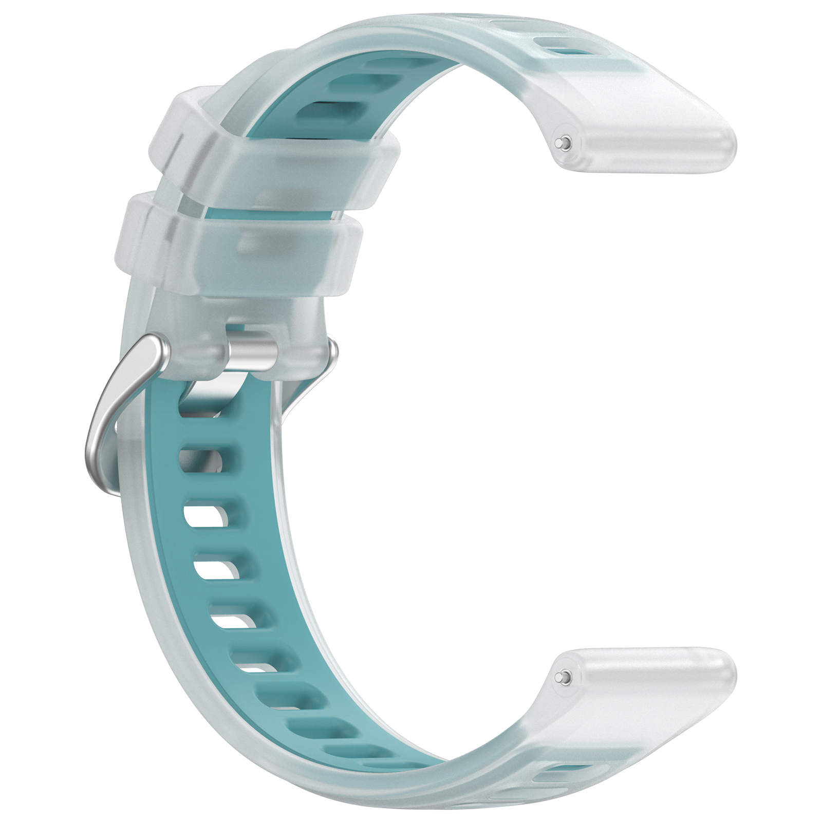 Ein klares und blaues Uhrenarmband mit silberner Schnalle.