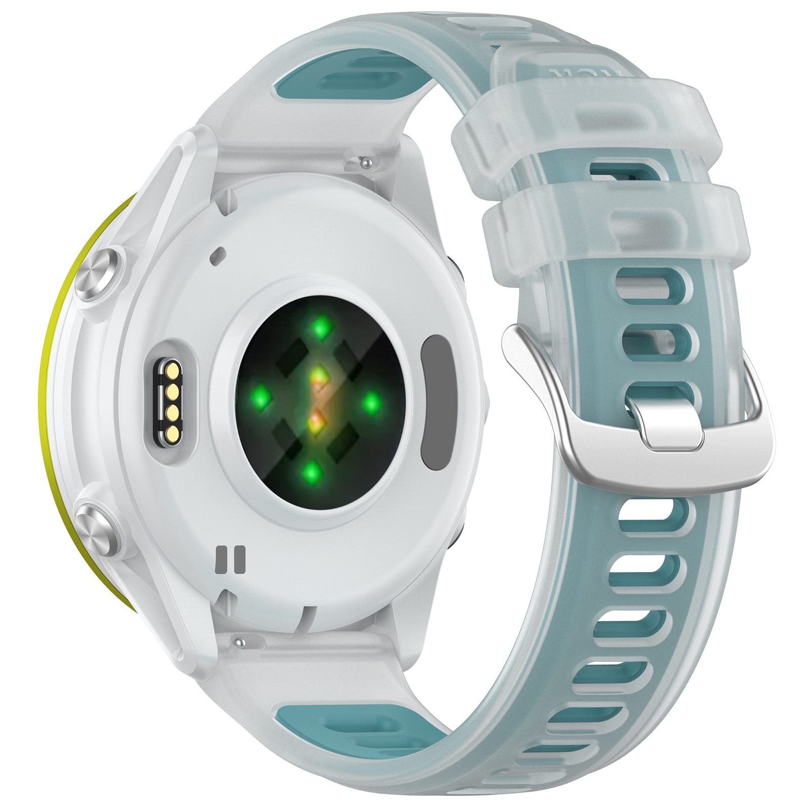 Rückansicht einer Uhr mit blau-grünem Armband und Herzfrequenzsensoren.