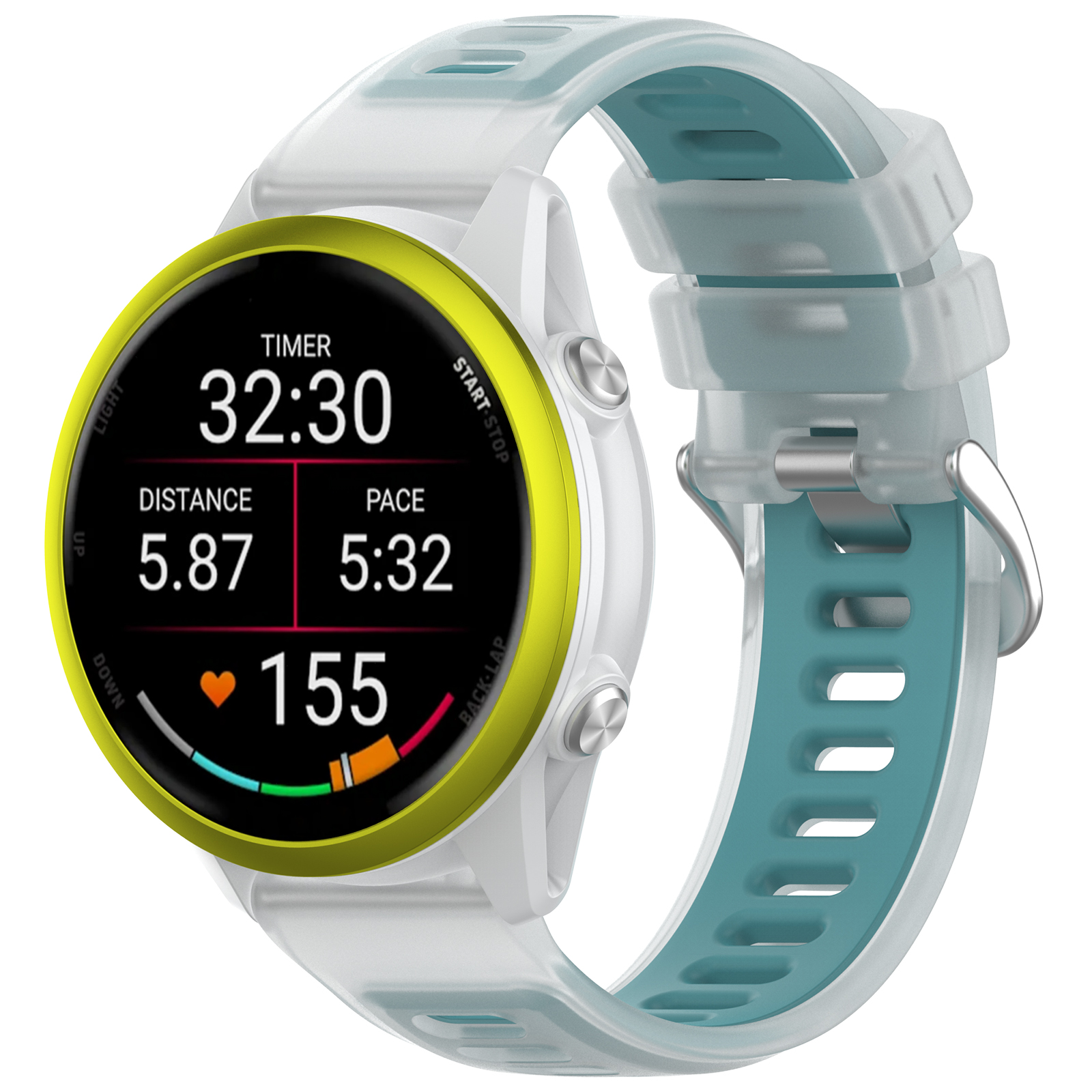 Eine Smartwatch, die Zeit, Distanz, Tempo und Herzfrequenz mit einem grün-blauen Armband anzeigt.
