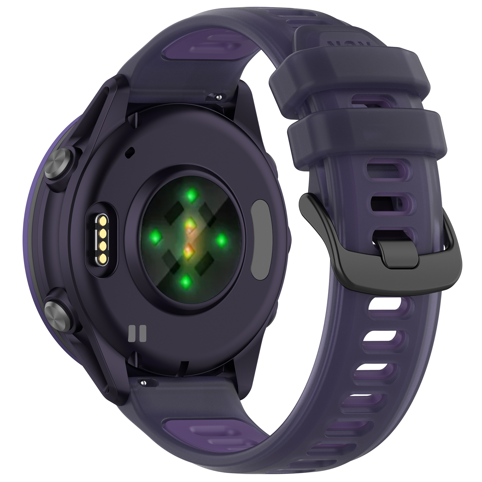 Die Rückseite einer lila Smartwatch mit lila Armband, die Sensoren und Ladepunkte zeigt.