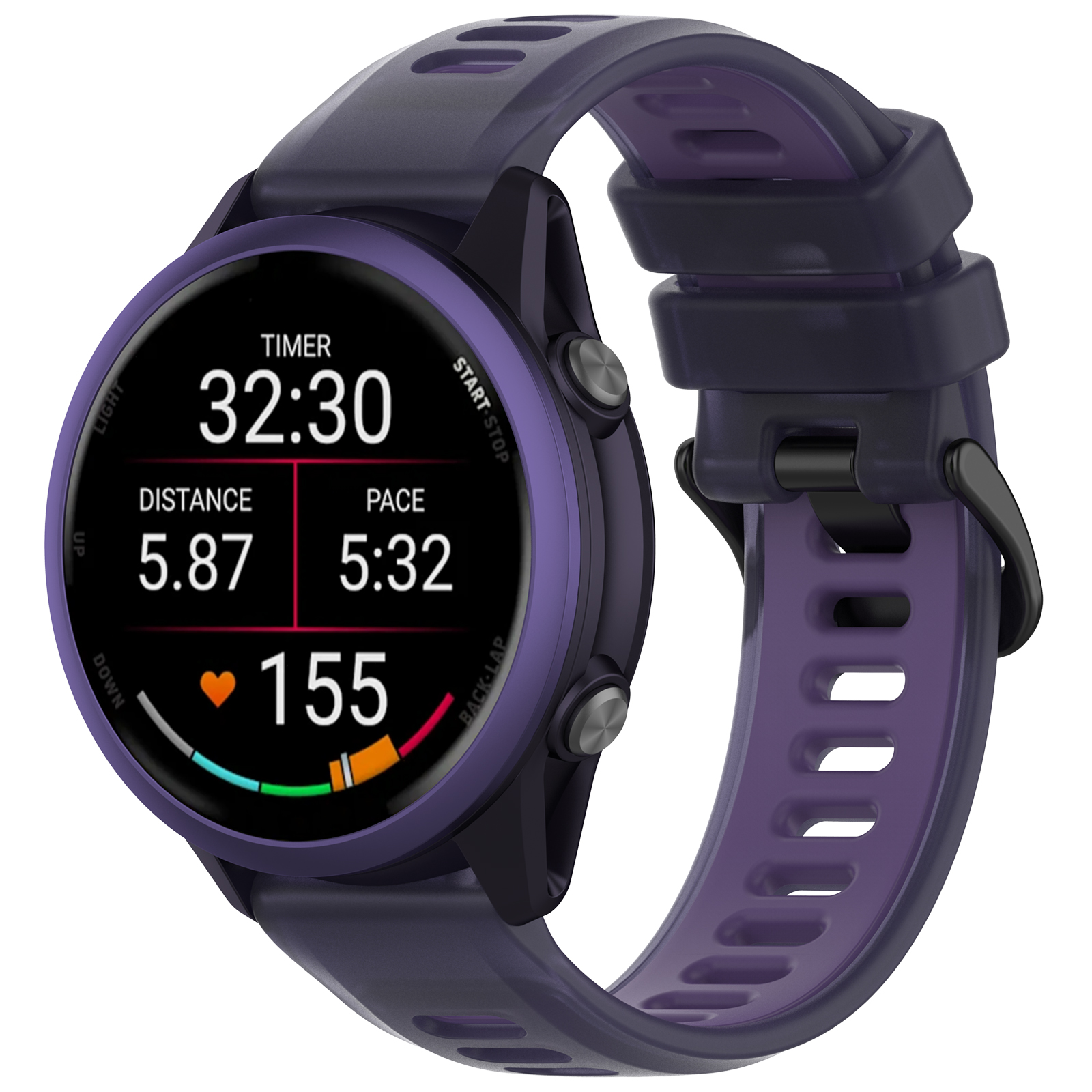 Violette Sportuhr mit Timer, Distanz, Tempo und Herzfrequenzdaten.