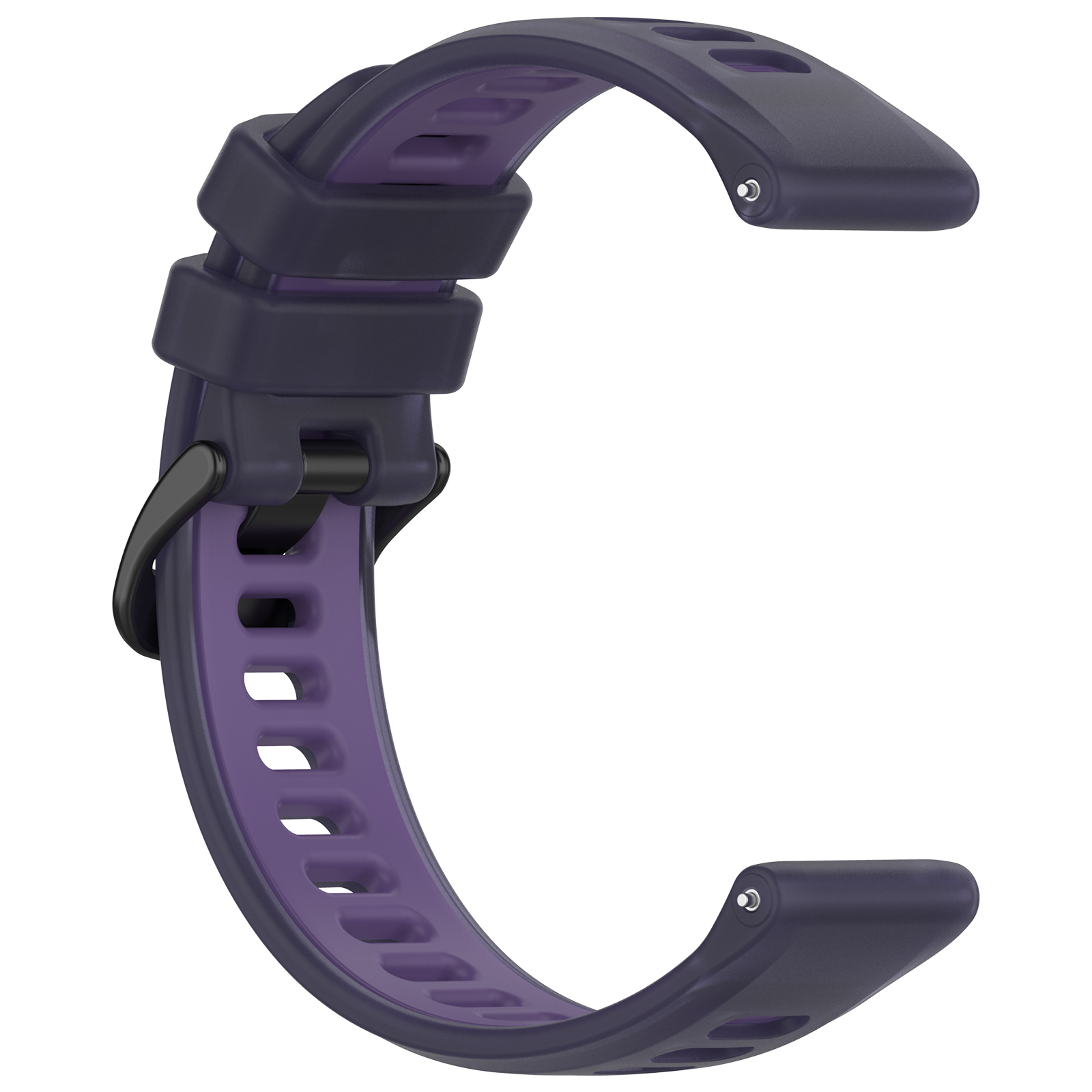 Lila und schwarzes Uhrenarmband. Das Armband ist C-förmig gebogen, mit Schnalle und Löchern.