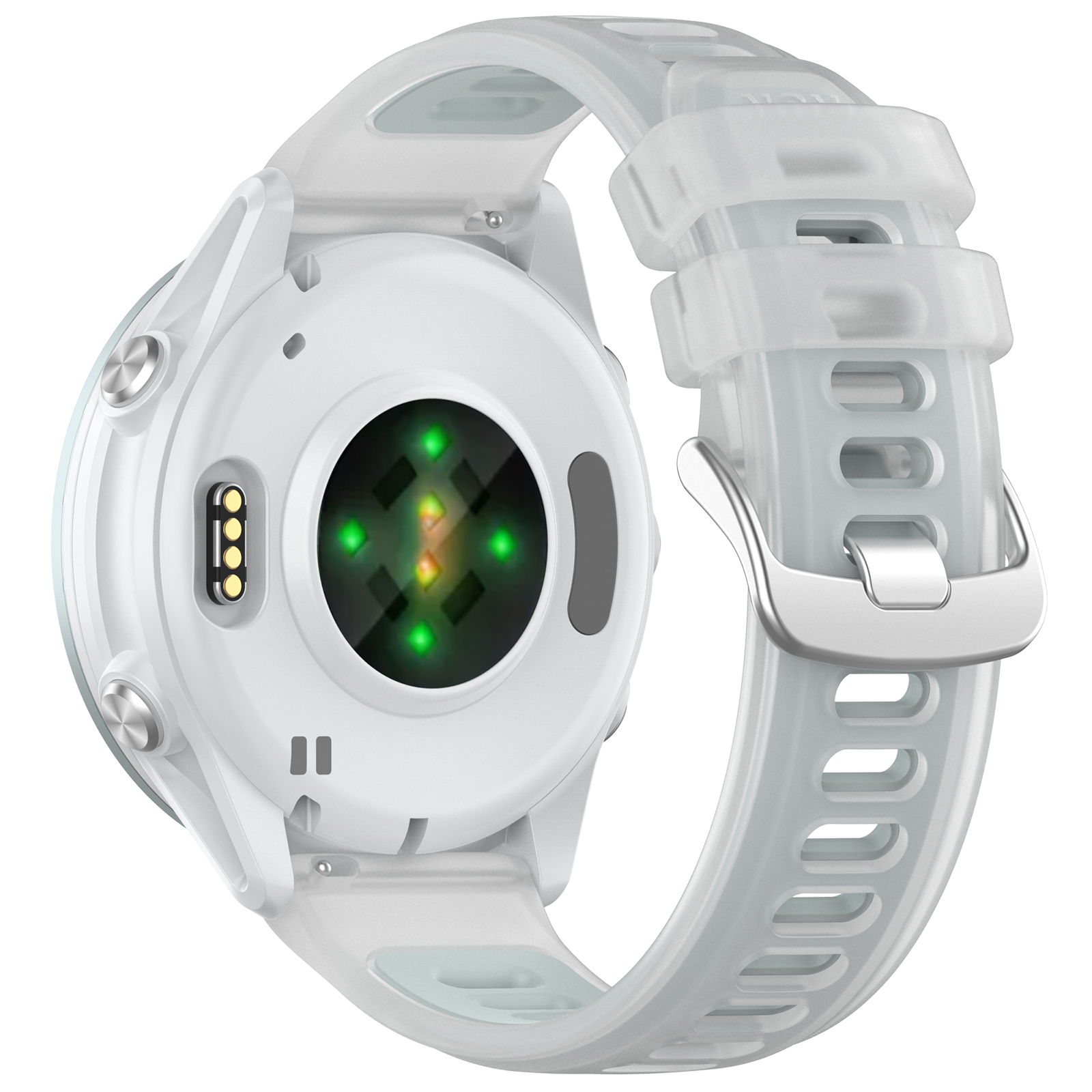 Weiße Sportuhr mit transparentem Armband. Die Rückseite zeigt Sensoren und Lichter.