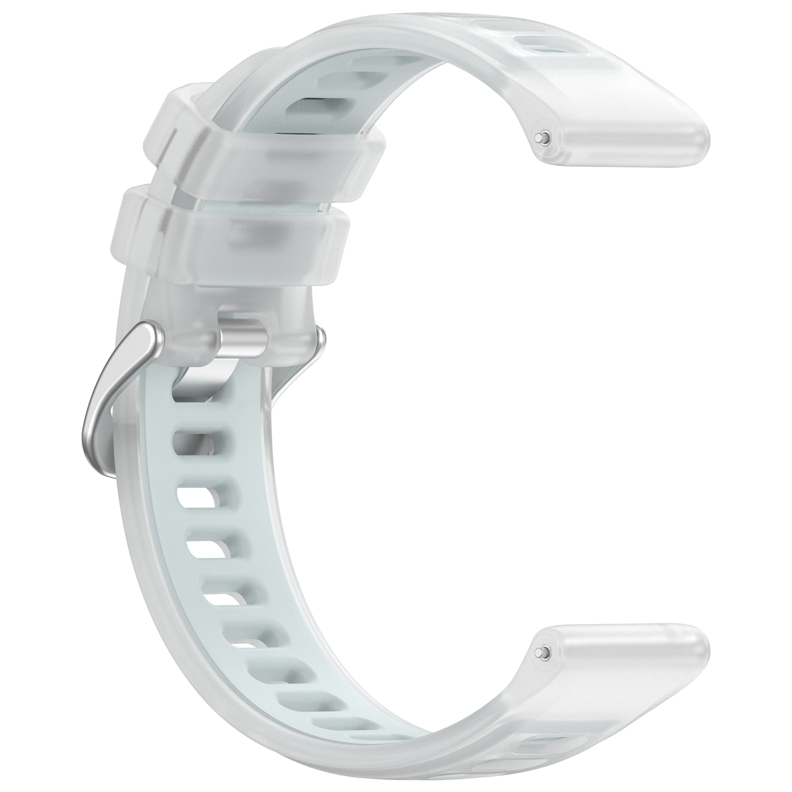 Ein transparentes, hellgraues Uhrenarmband. Das Armband ist gebogen.