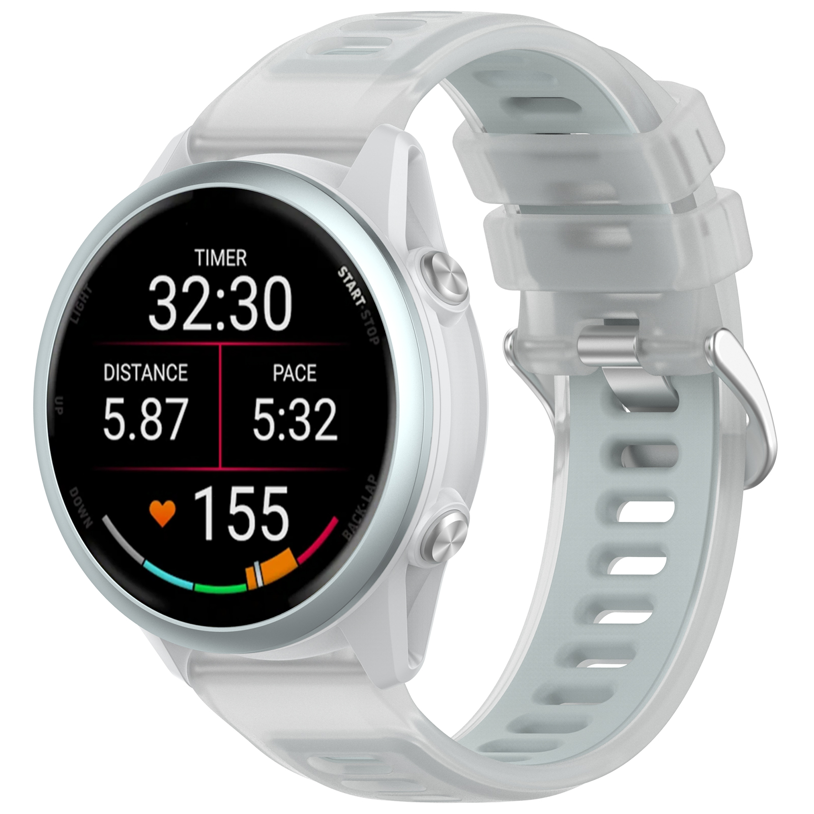 Weiße Sportuhr mit Zeit- und Datenanzeige auf dem Bildschirm, mit transparentem Armband.