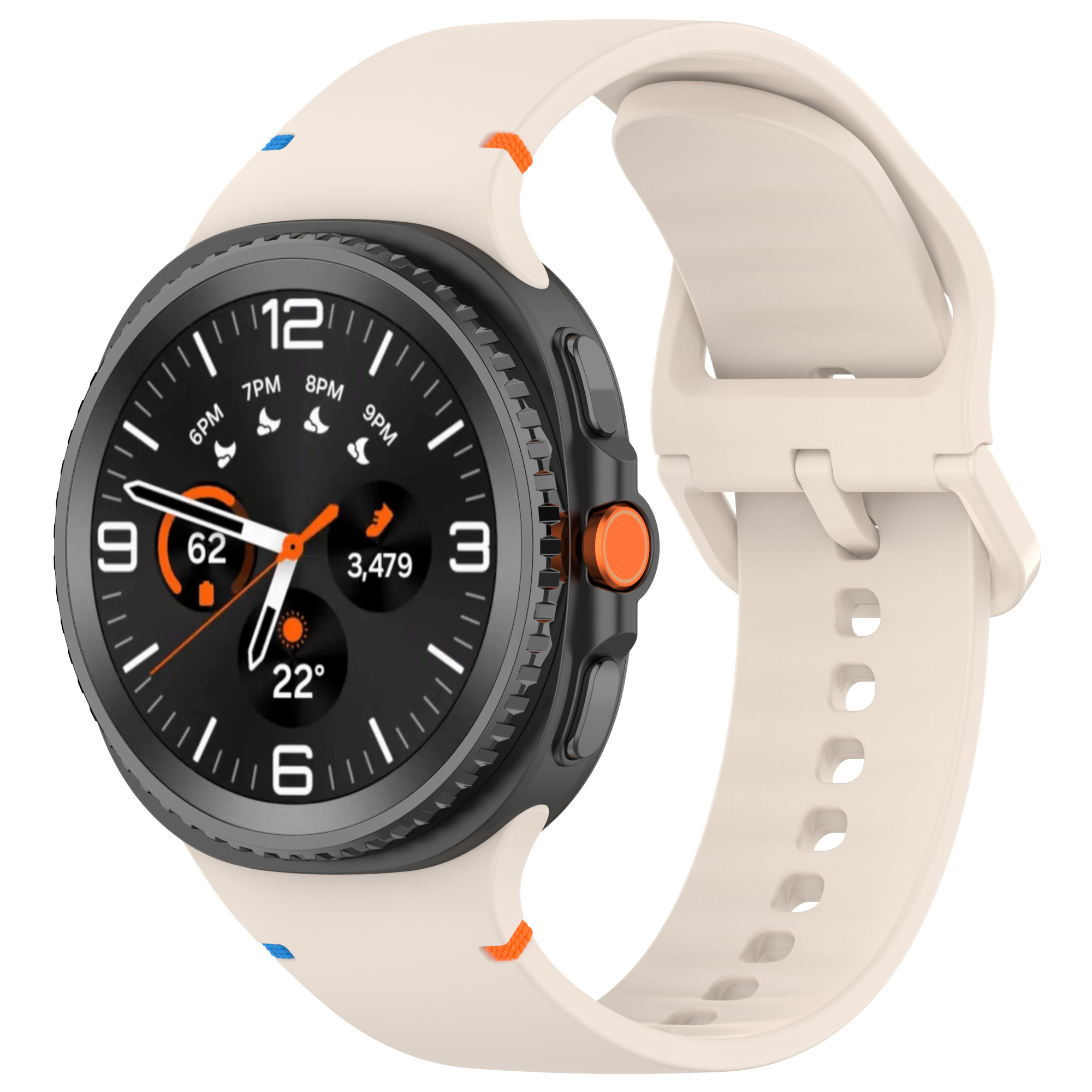 Smartwatch bianco sporco con quadrante nero. Mostra ora e statistiche, pulsante arancione.