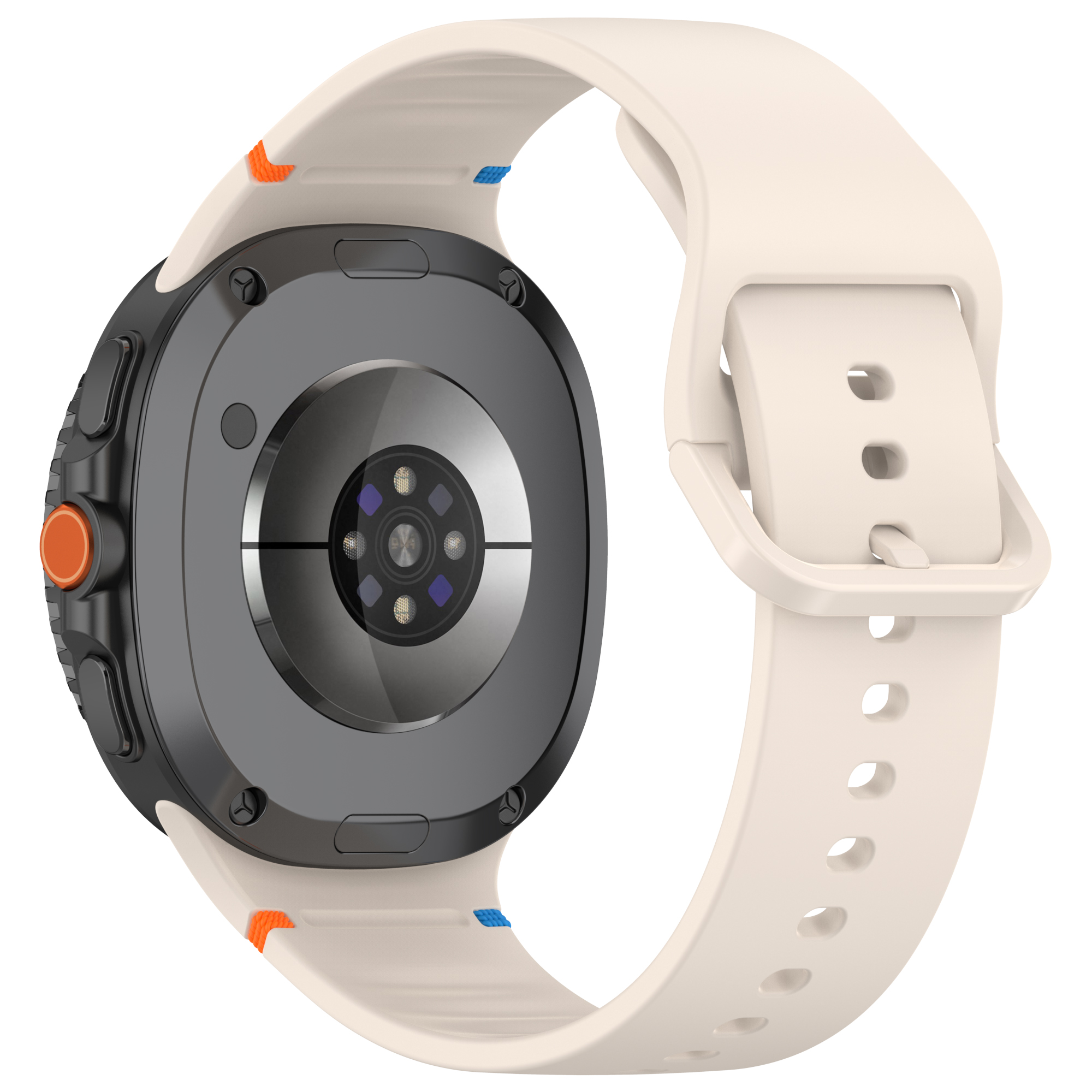 Retro di smartwatch bianco sporco, che mostra sensori, con cinturino strutturato bianco sporco.