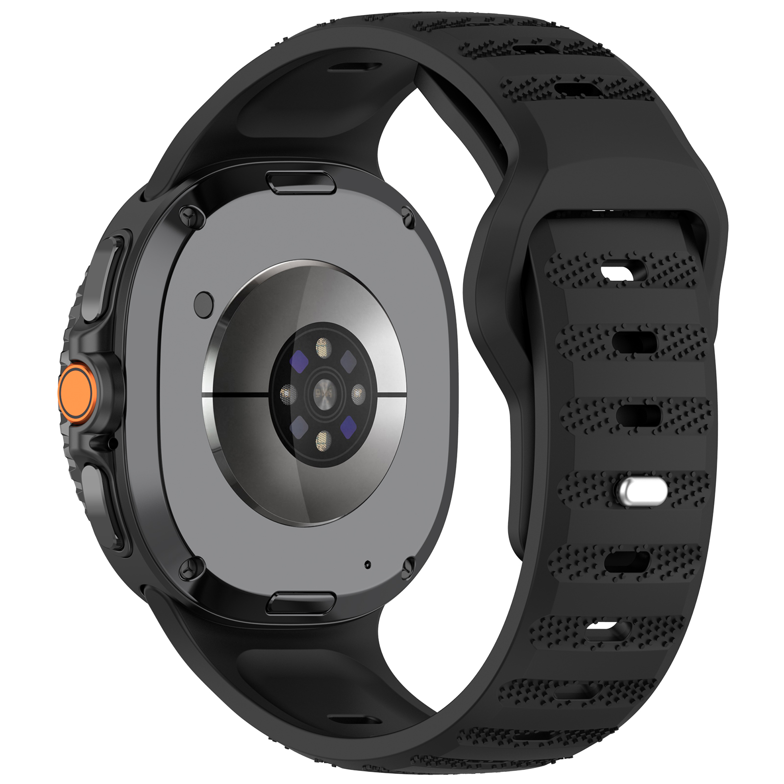 Retro di smartwatch nero, che mostra sensori, con cinturino nero strutturato e pulsante arancione.