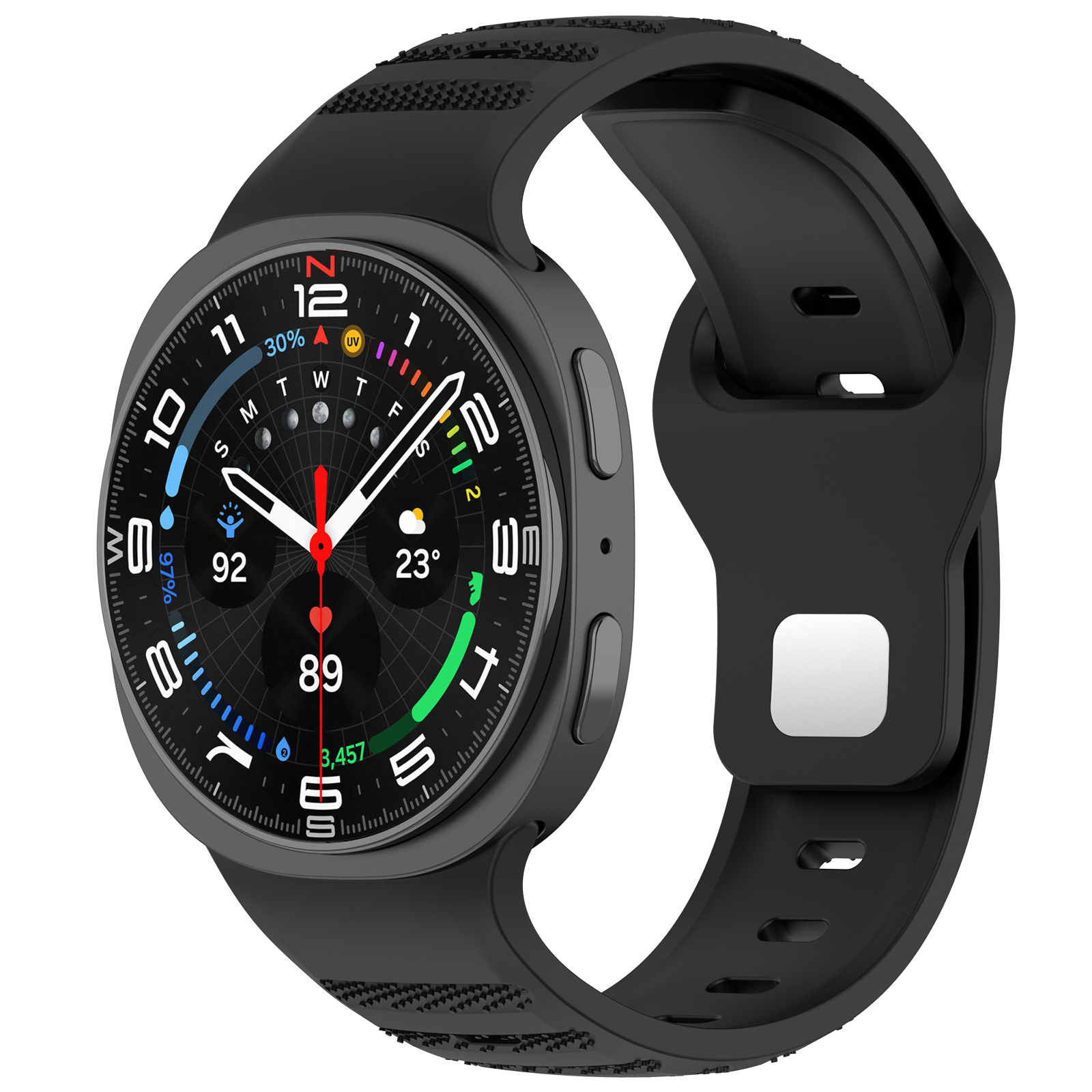 Smartwatch nero con cinturino nero.