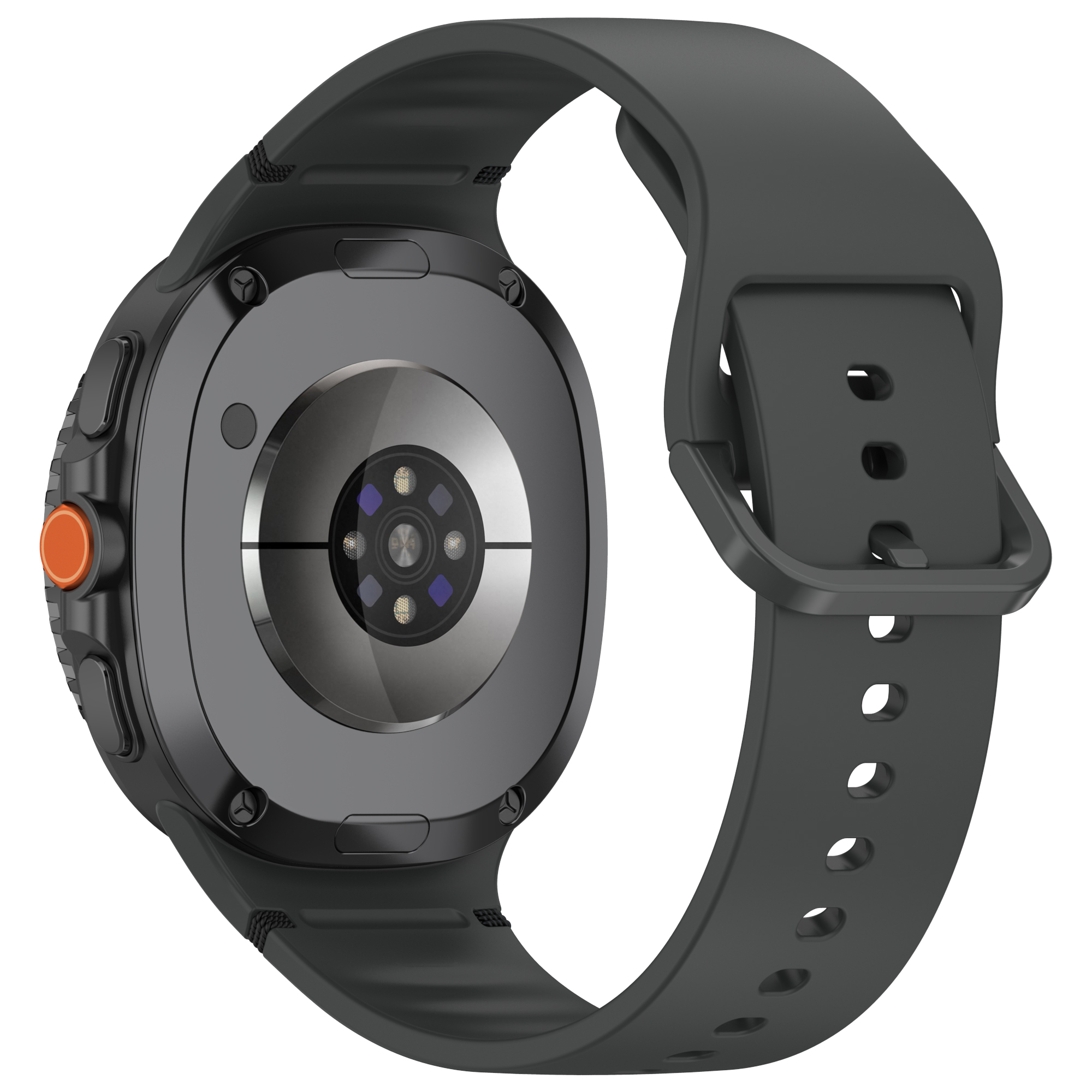 Il retro di uno smartwatch nero con un centro grigio. Un pulsante arancione è visibile sul lato.