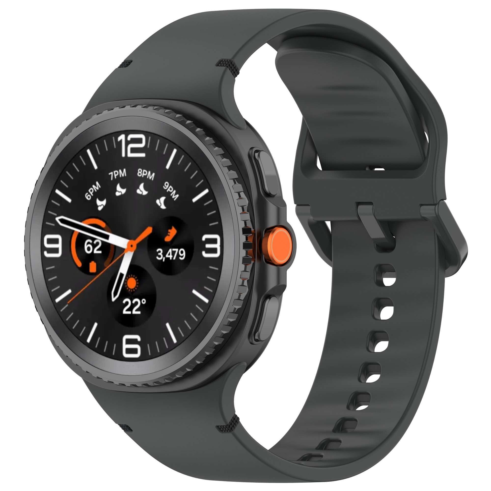 Smartwatch grigio scuro con quadrante nero. Mostra ora e statistiche, pulsante arancione.