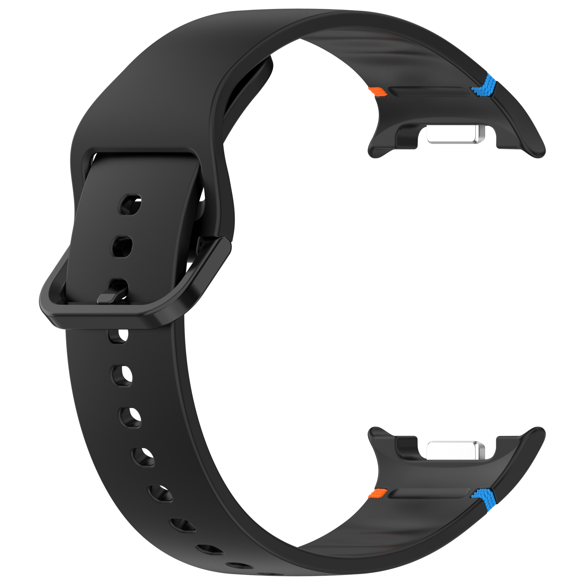 Cinturino nero con fibbia. Il cinturino ha fori per la regolazione. Accenti arancioni e blu sono visibili.