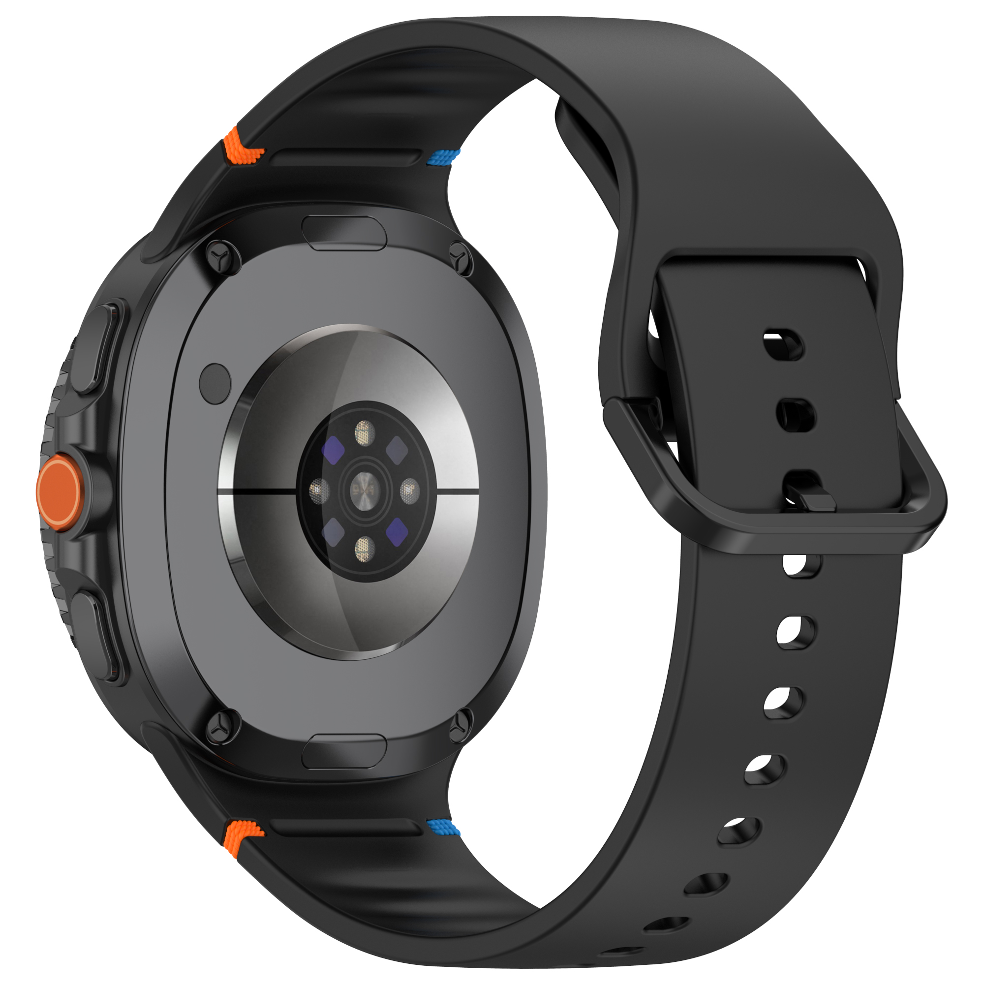 Smartwatch nero con cinturino nero, vista posteriore. Il quadrante ha un pulsante arancione e include un accento arancione e blu.