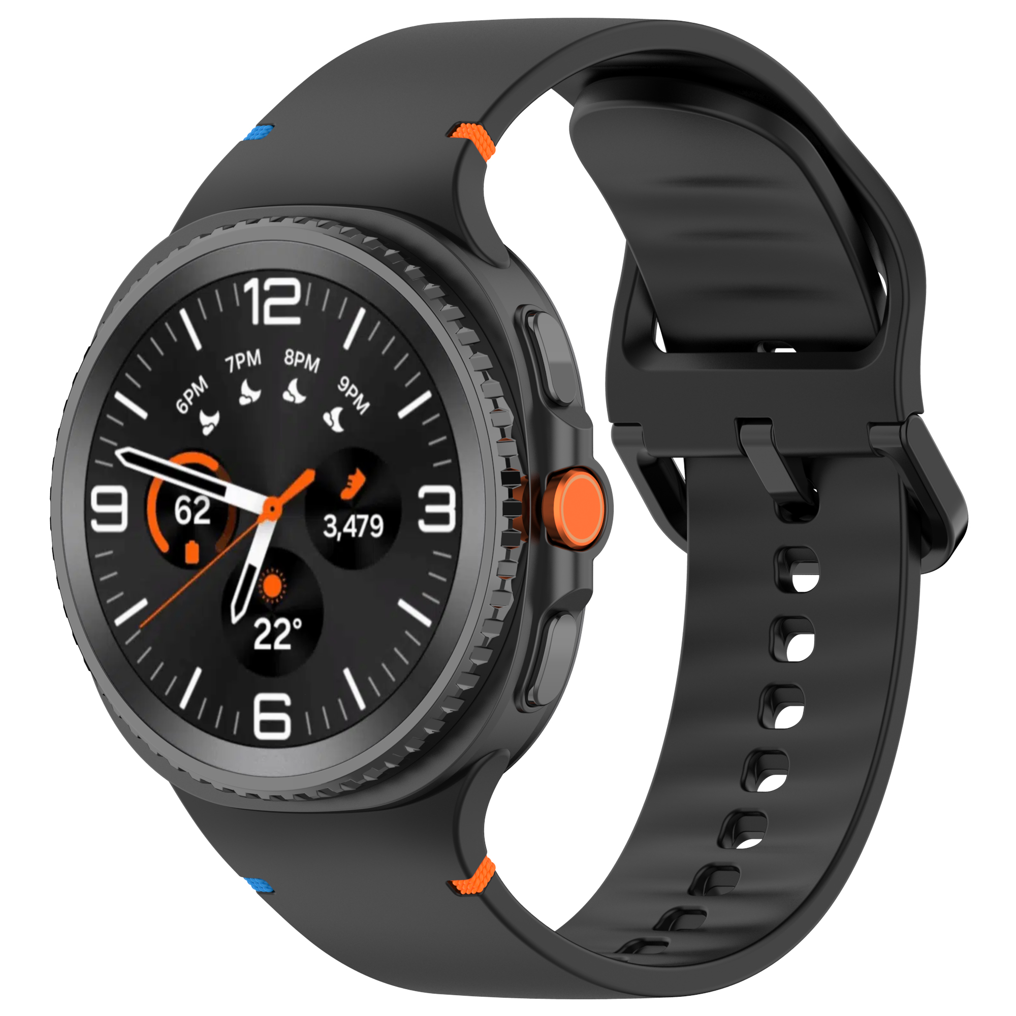 Smartwatch nero con cinturino nero, vista laterale. Mostra l'ora e altre informazioni. Ha un pulsante arancione.