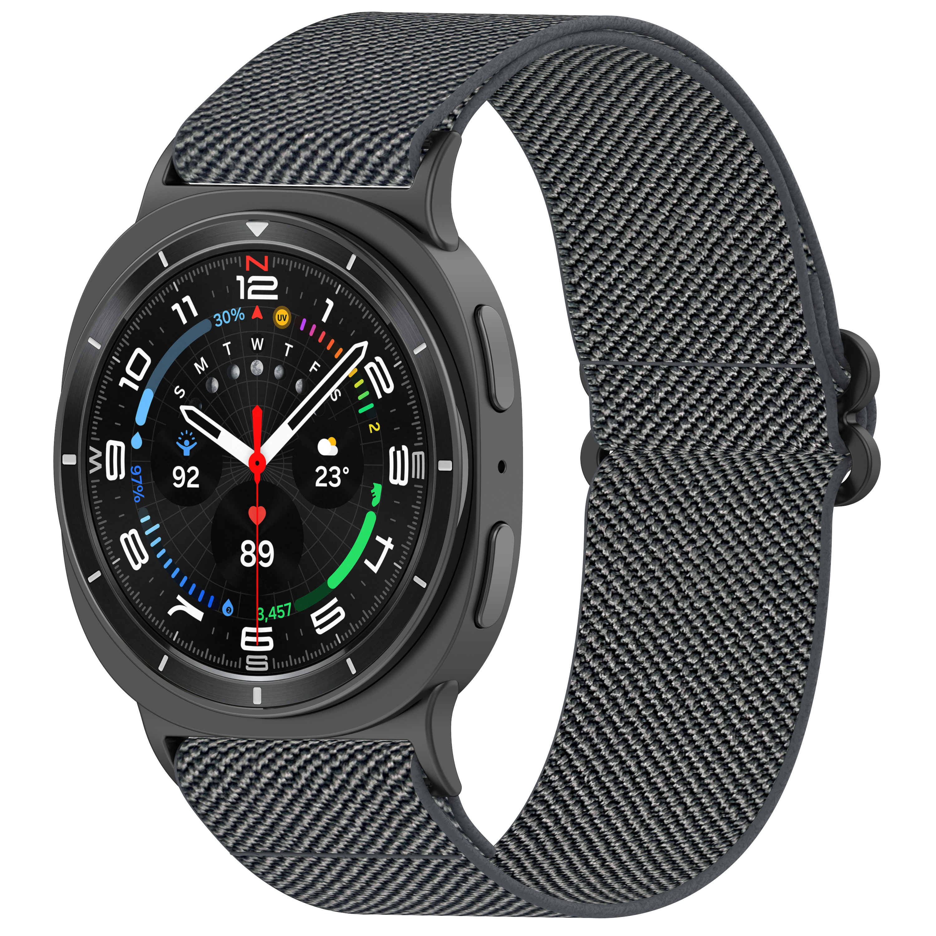 Smartwatch nero con cinturino grigio a fantasia, vista laterale. Il quadrante mostra l'ora e altre info. Cassa nera.