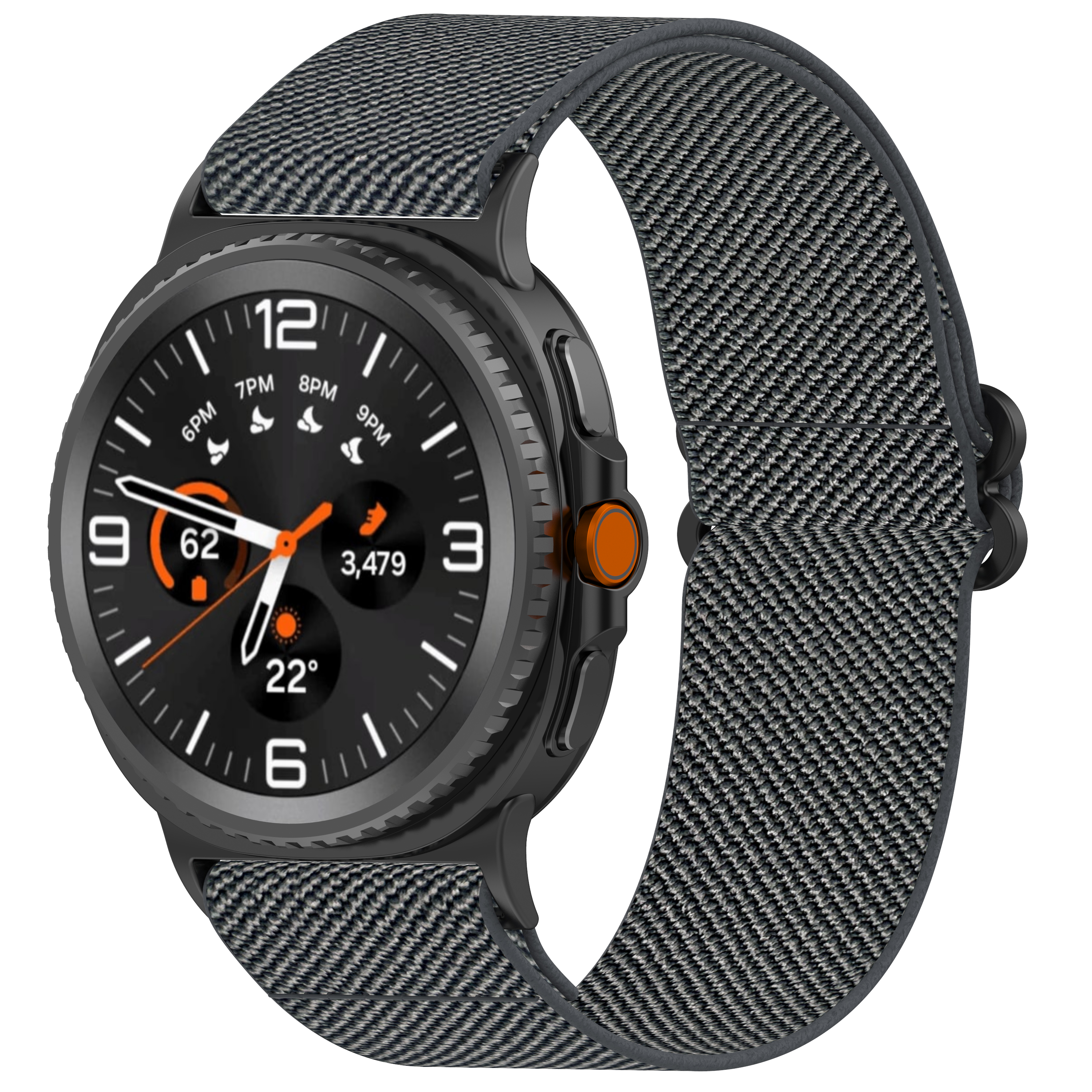 Smartwatch nero con cinturino grigio a fantasia, vista laterale. Il quadrante mostra l'ora e altre info. Pulsante arancione.