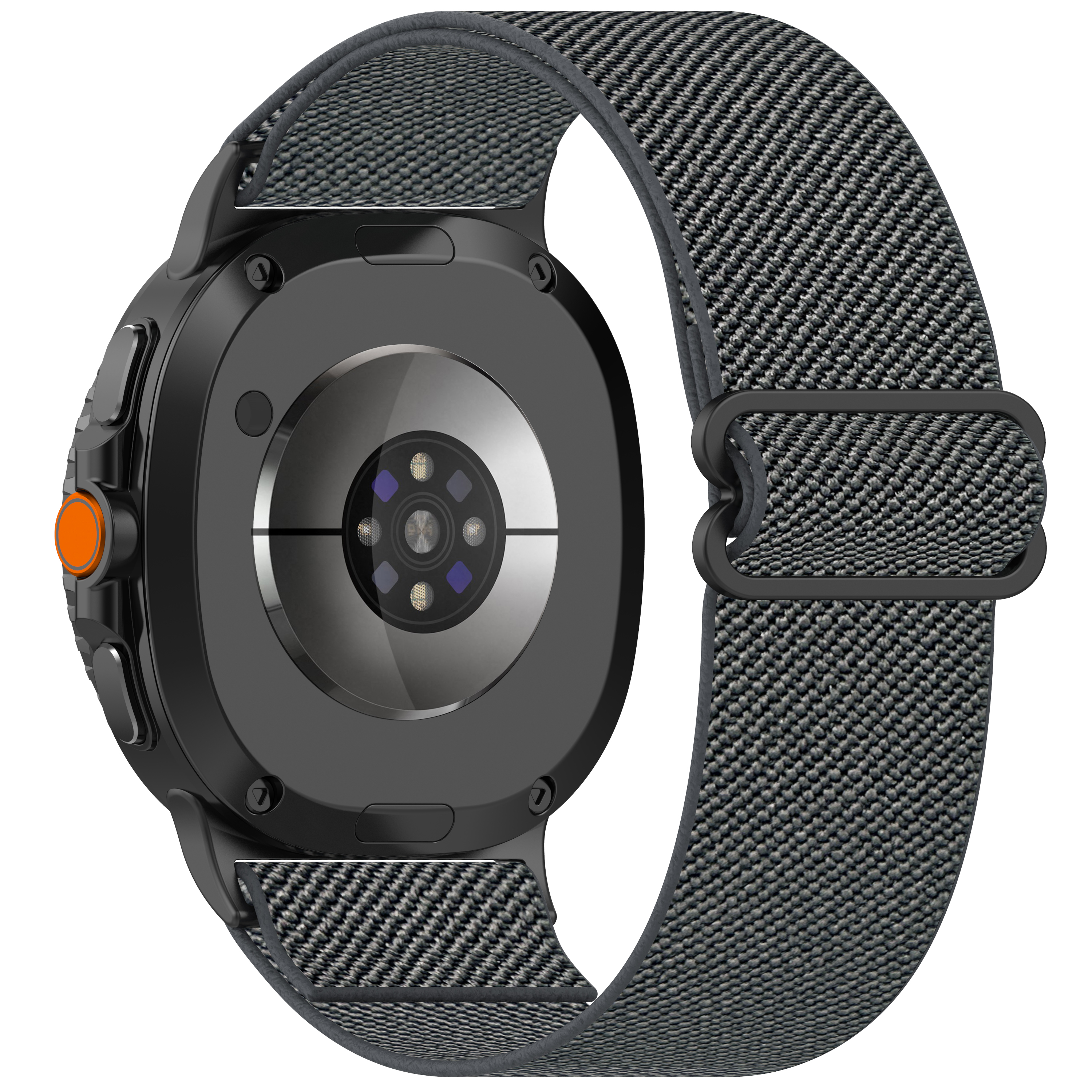 Vista posteriore di uno smartwatch nero con cinturino grigio. Il retro mostra sensori e un cardiofrequenzimetro.
