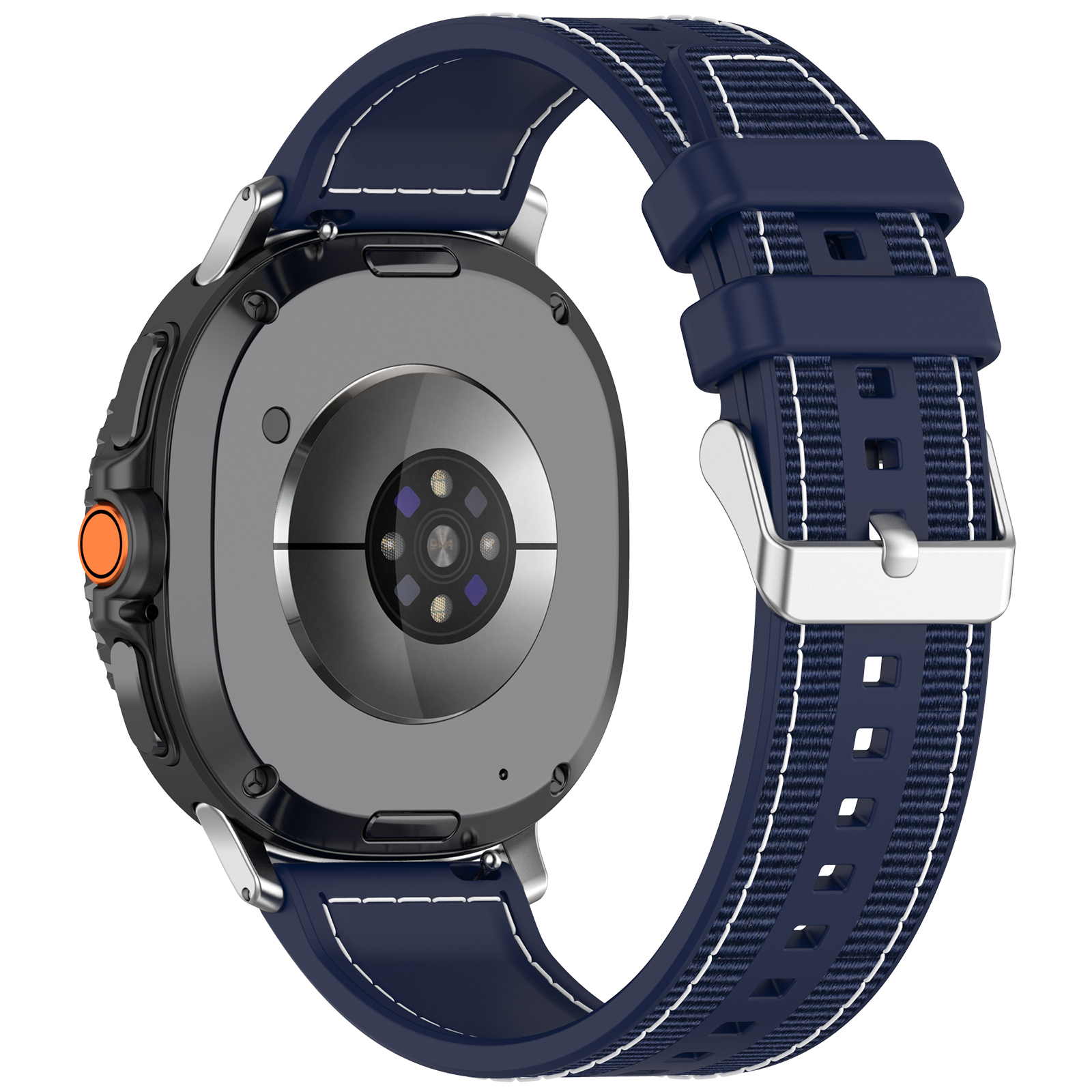 Vista posteriore di uno smartwatch nero con cinturino in tessuto blu e bianco. Il retro ha sensori e dettagli metallici.