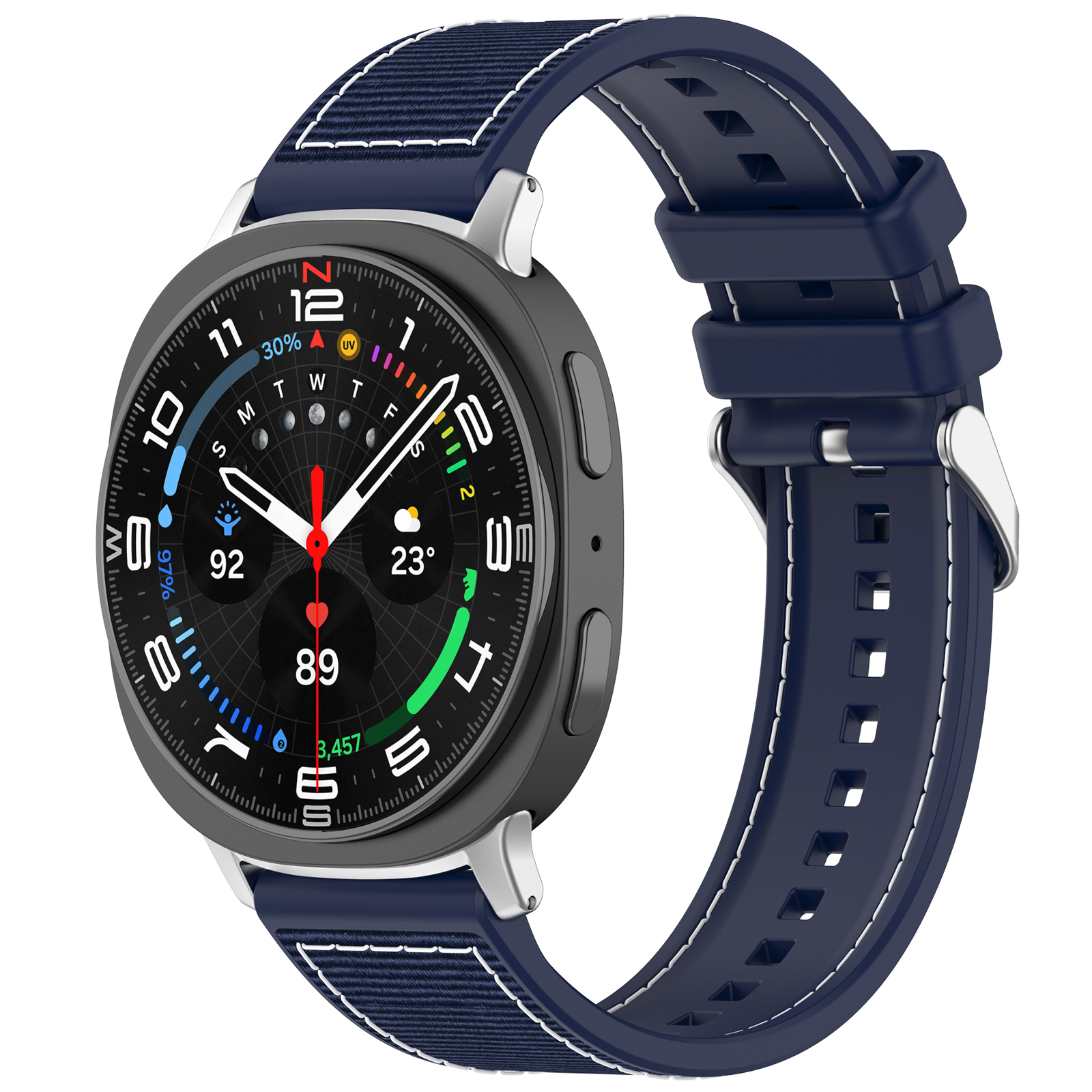 Smartwatch con cinturino blu scuro, lunetta nera e quadrante che mostra ora, data e altri dati.