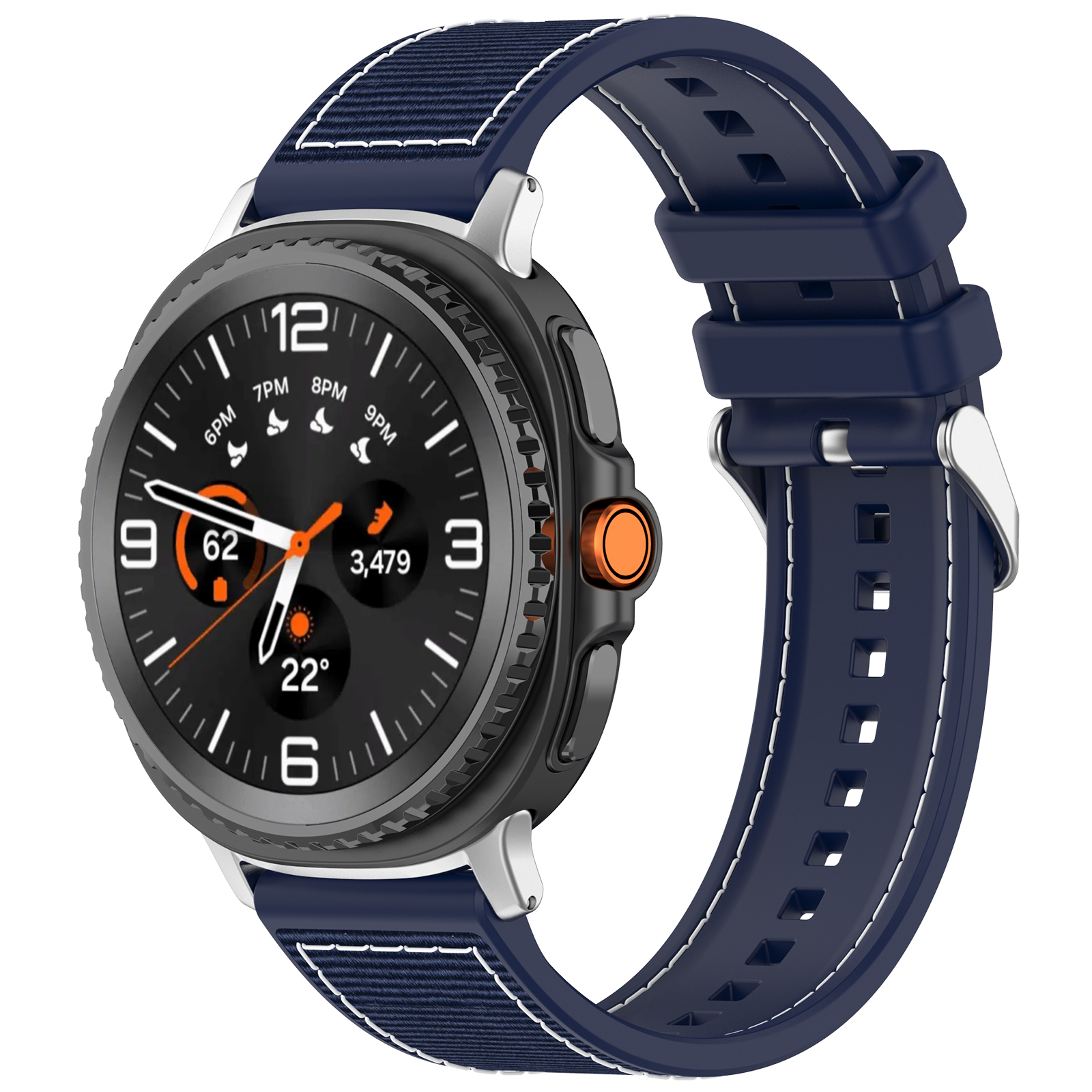 Uno smartwatch nero con cinturino blu. Il quadrante mostra l'ora, le metriche di salute e ha un pulsante arancione.