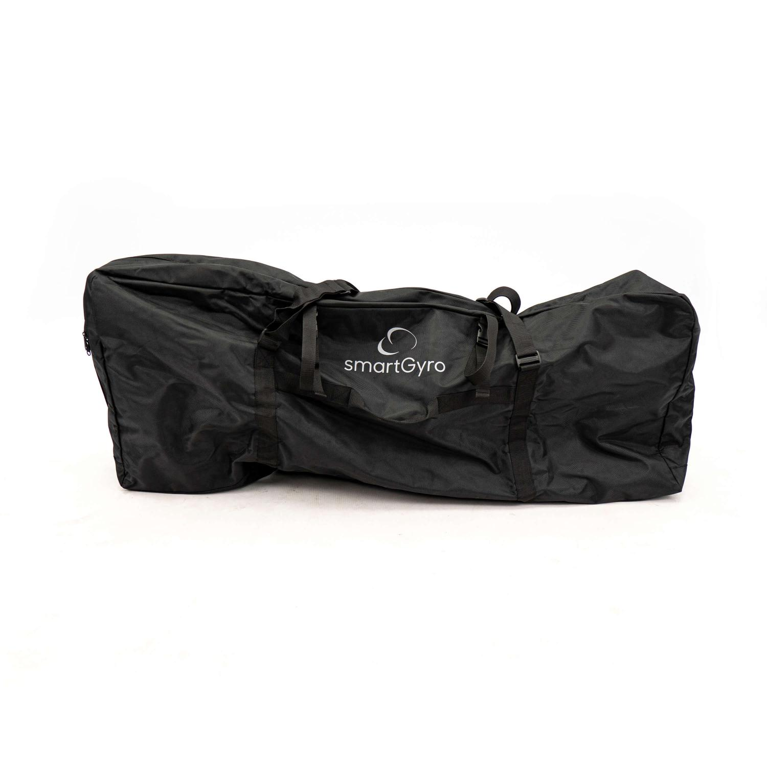 Una bolsa negra grande con el logotipo smartGyro, sobre una superficie blanca.