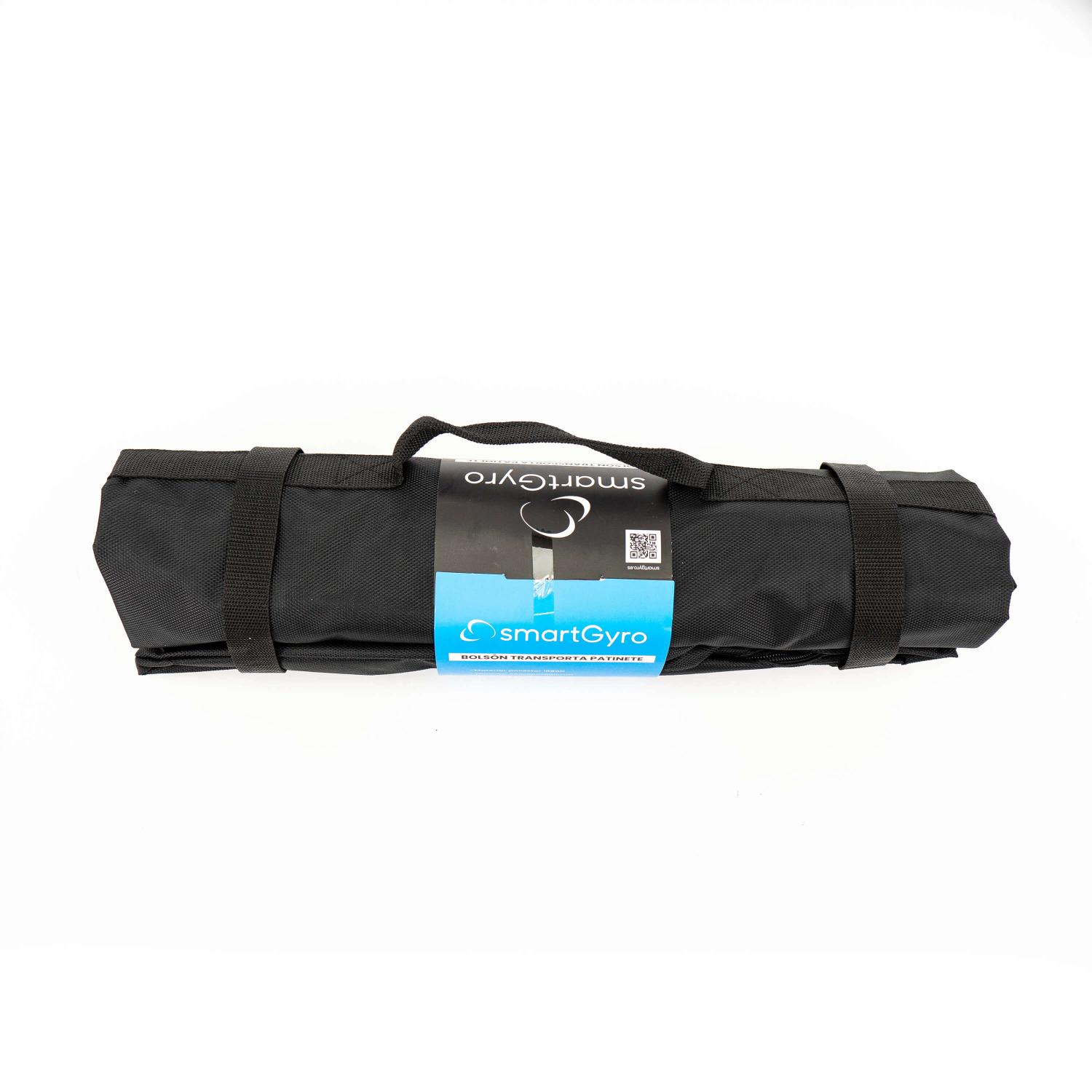 Una bolsa negra enrollada con correas, con el logotipo smartGyro sobre una superficie blanca.