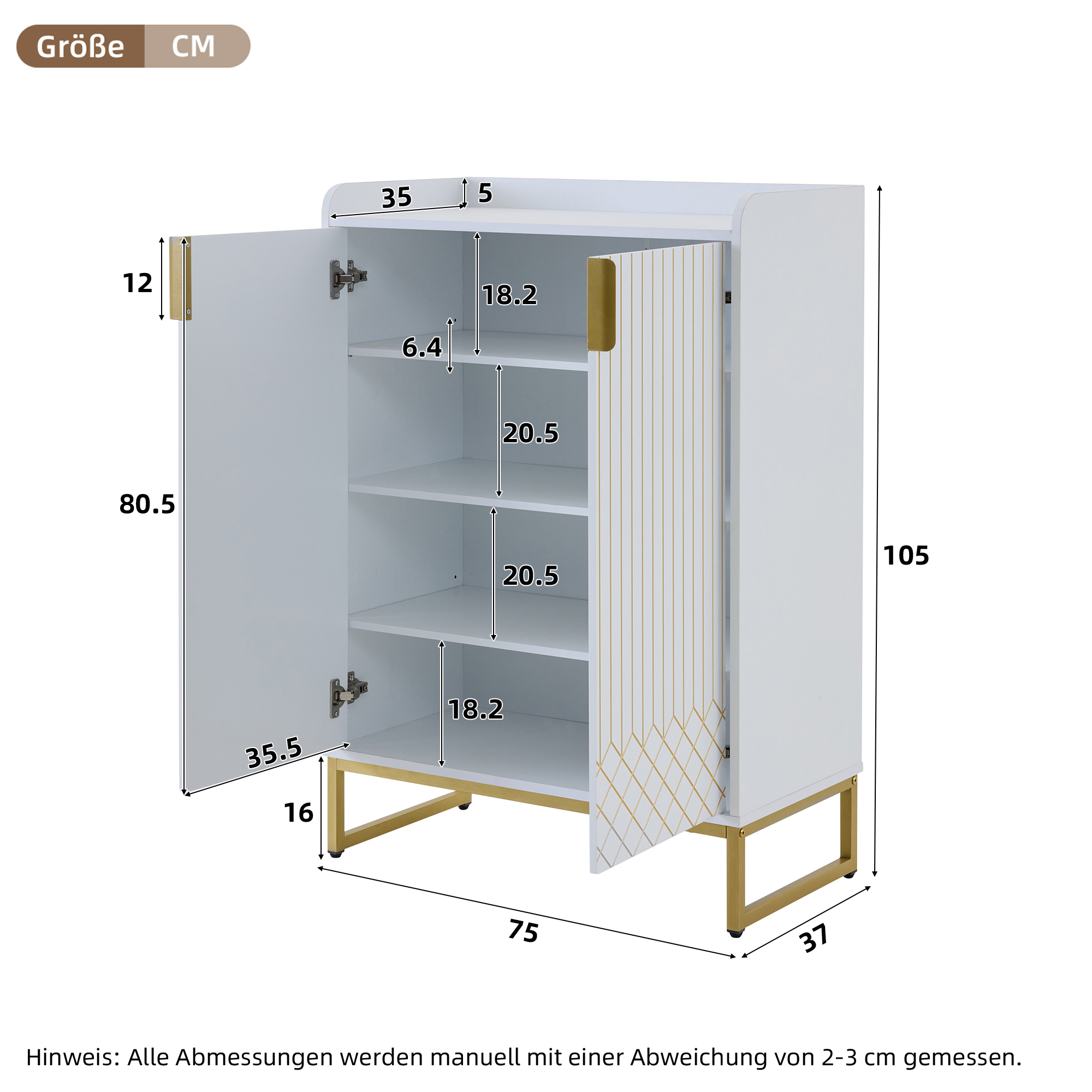 Weißer Schrank mit Maßen und goldenen Akzenten. Offene Türen zeigen Regale mit goldenem Sockel.