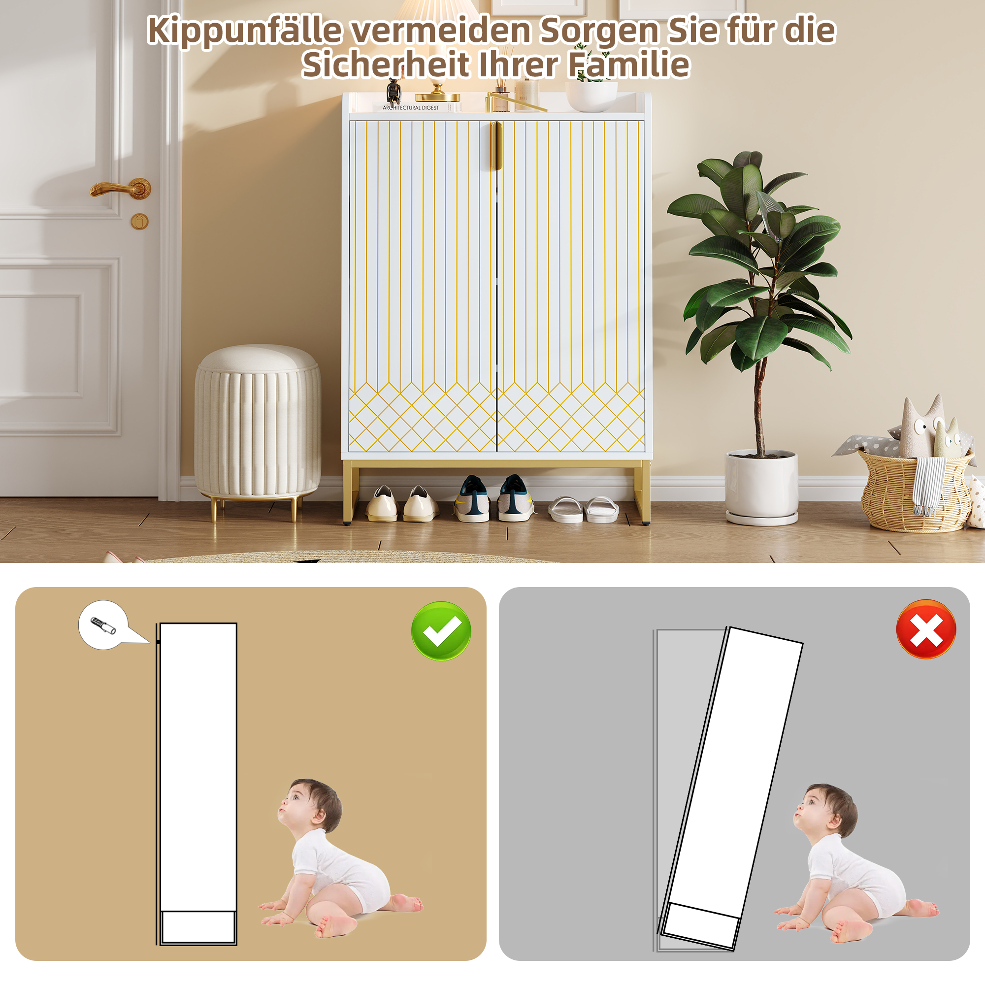 Ein weißer Schrank mit goldenen Akzenten. Es gibt ein Diagramm, wie Stürze verhindert werden.